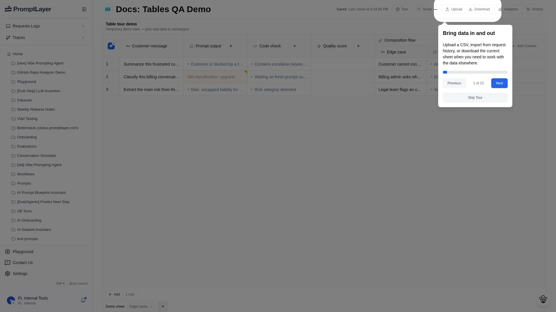 Table toolbar with Upload, Download, Score, Analytics, History, and Tour controls