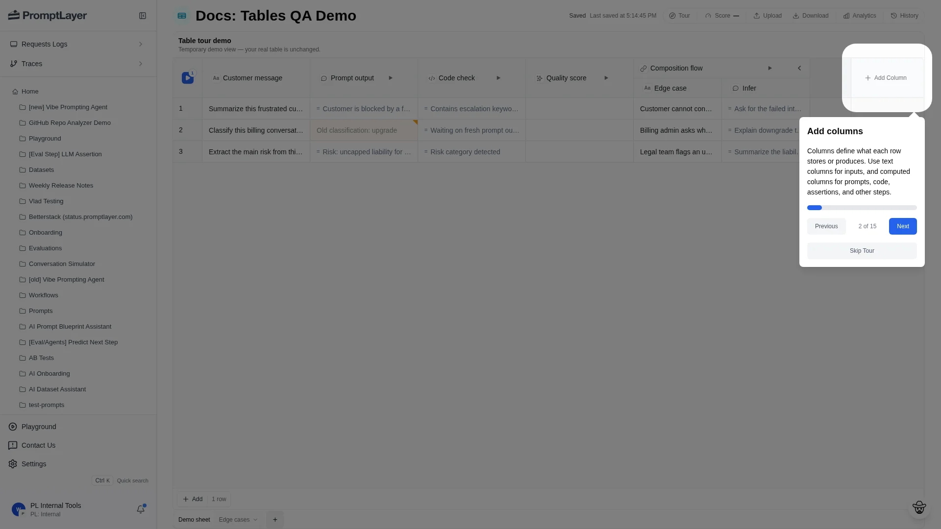 Add Column control in a Table sheet