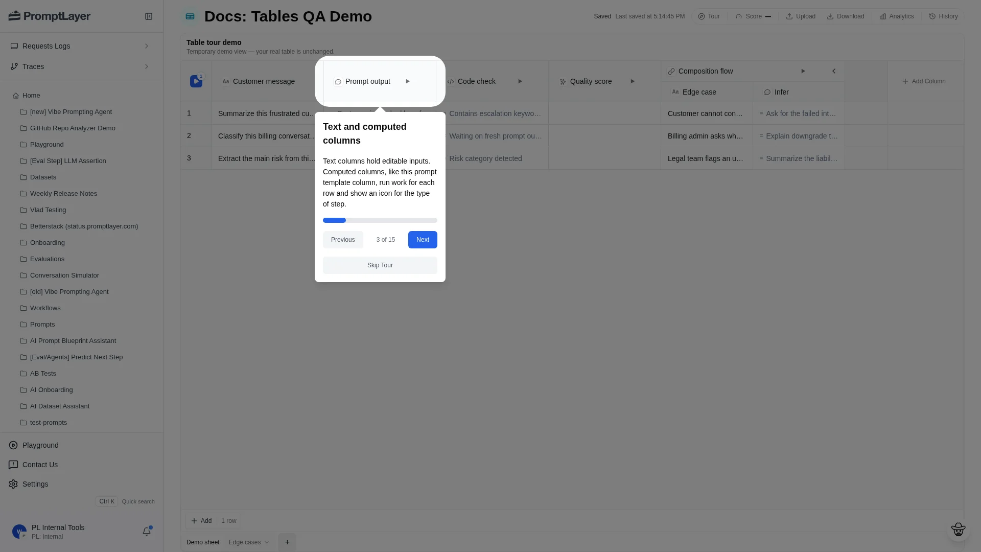 A Table with input columns followed by computed prompt, code, quality, and edge-case columns