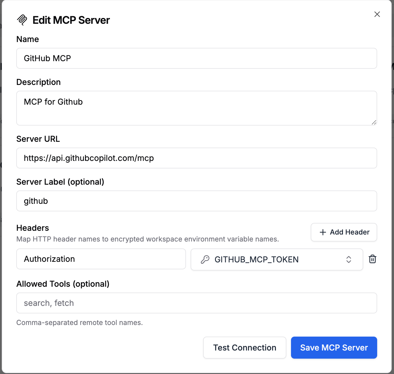 MCP server authentication header mapped to an environment variable