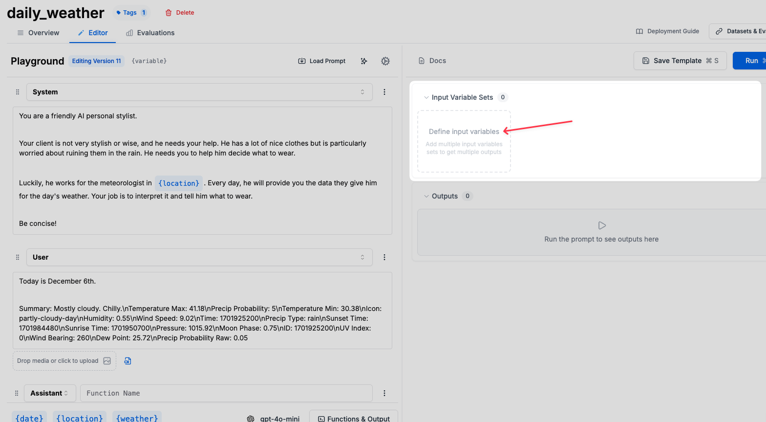 Saving input variables from prompt editor