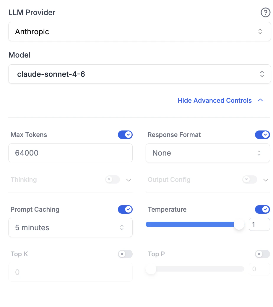 Advanced Model Controls with Prompt Caching enabled and 5 minutes selected