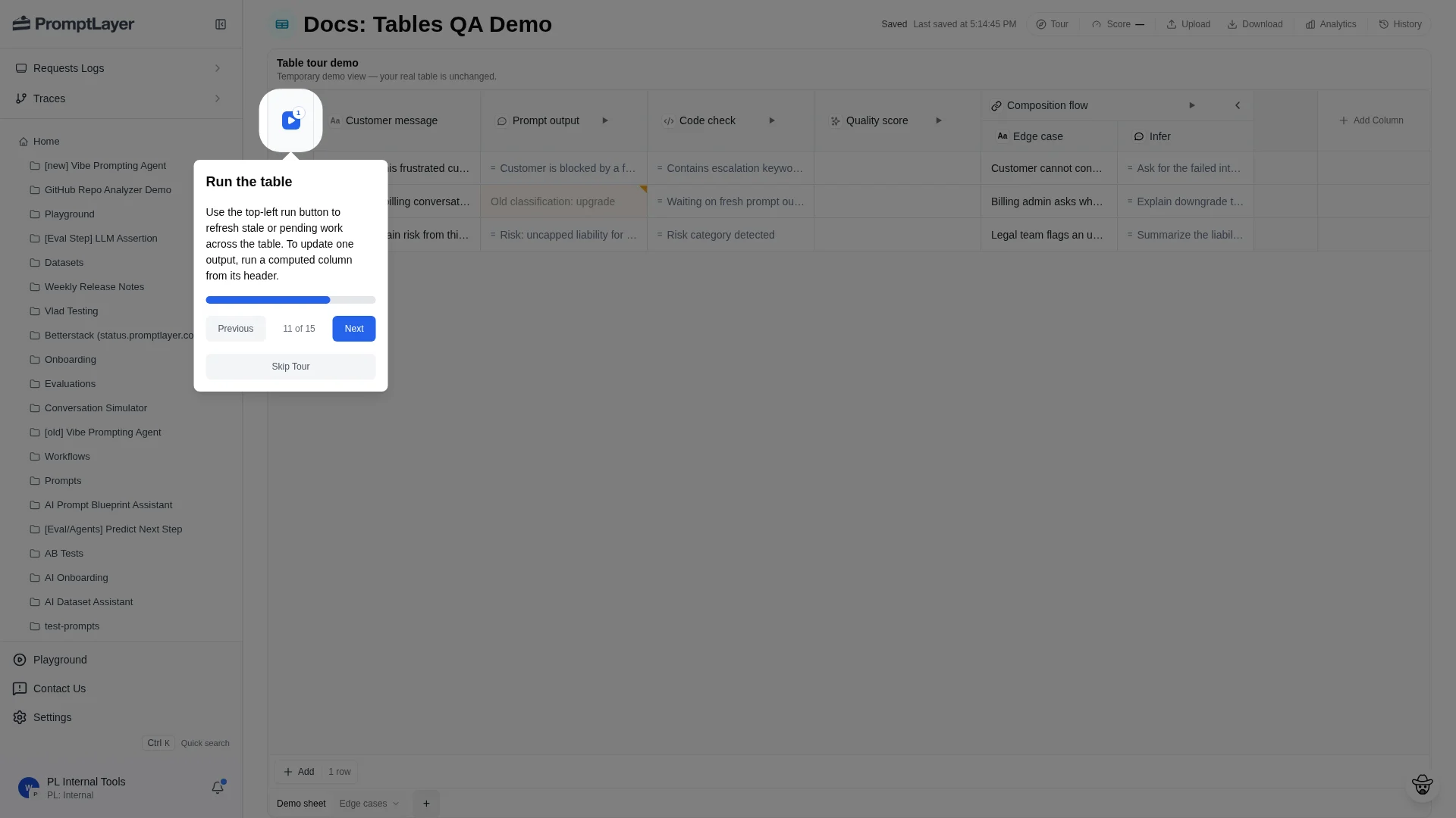 Run controls for refreshing Table work