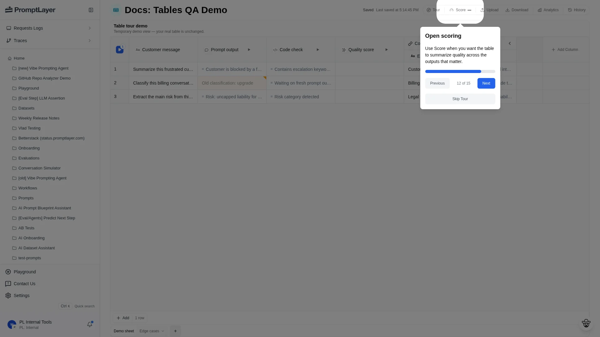 Score button in the Table toolbar