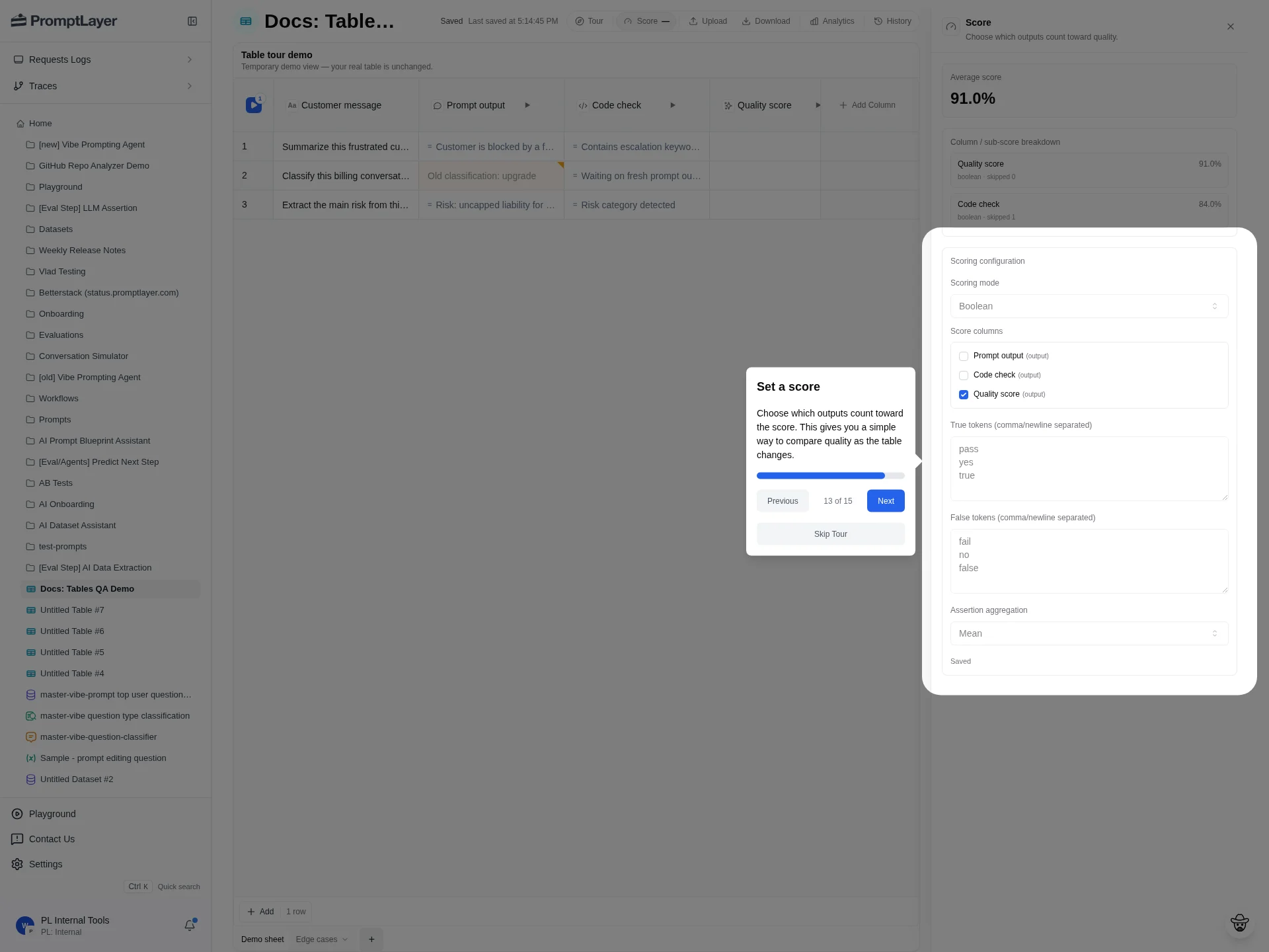Score configuration panel with scoring mode, score columns, Boolean token settings, assertion aggregation, and Recalculate