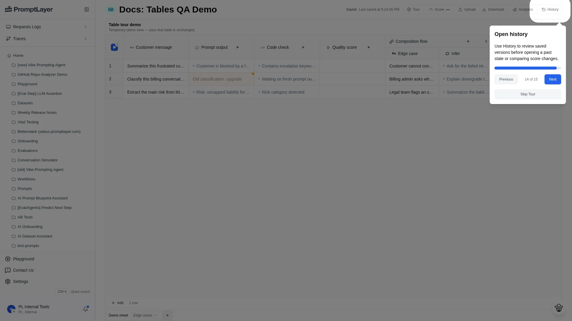 History button in the Table toolbar