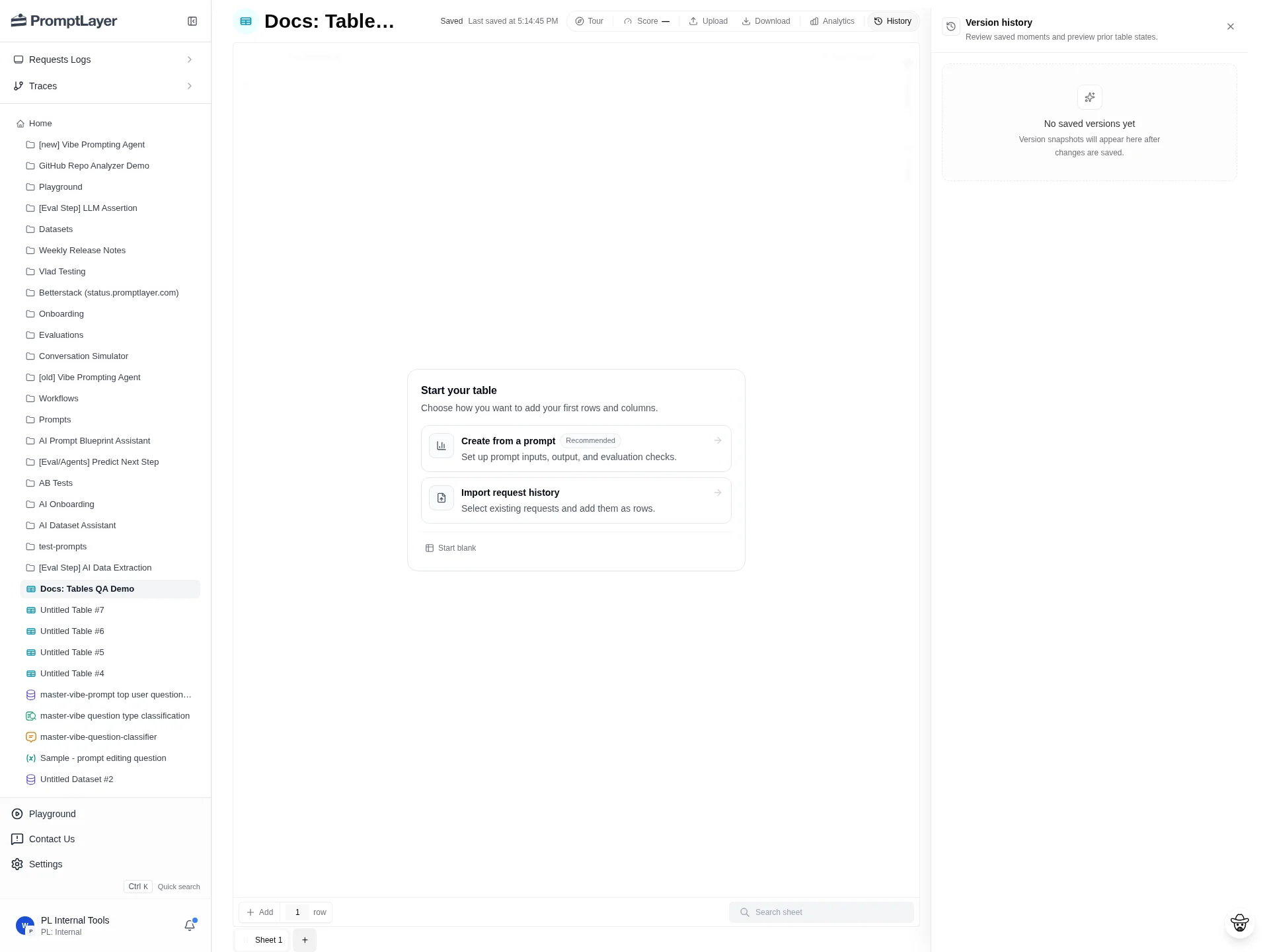 Version history panel showing the no saved versions empty state