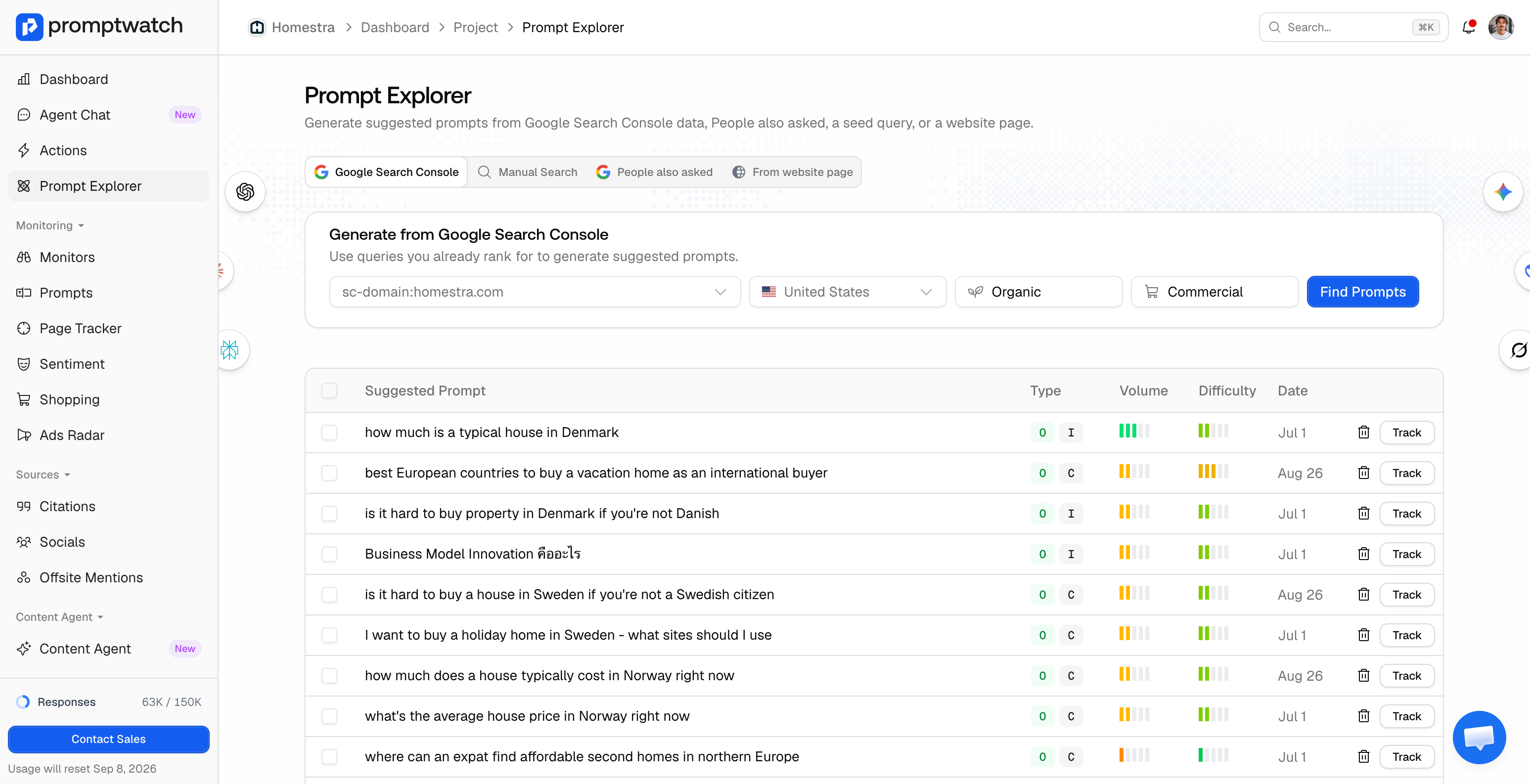 The Prompt Explorer Google Search Console tab with a suggested-prompts table.