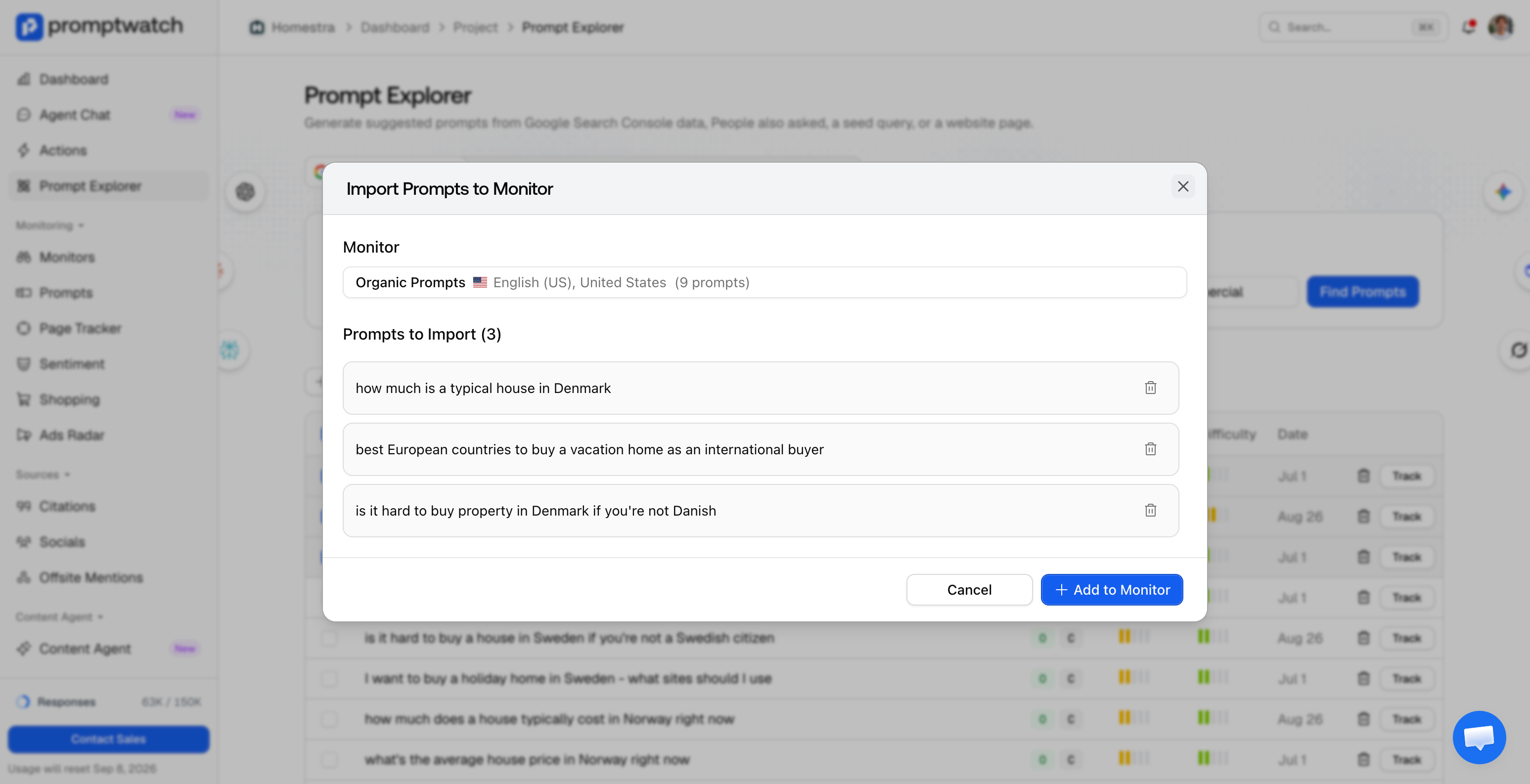 The Import Prompts to Monitor dialog listing selected suggestions before import.