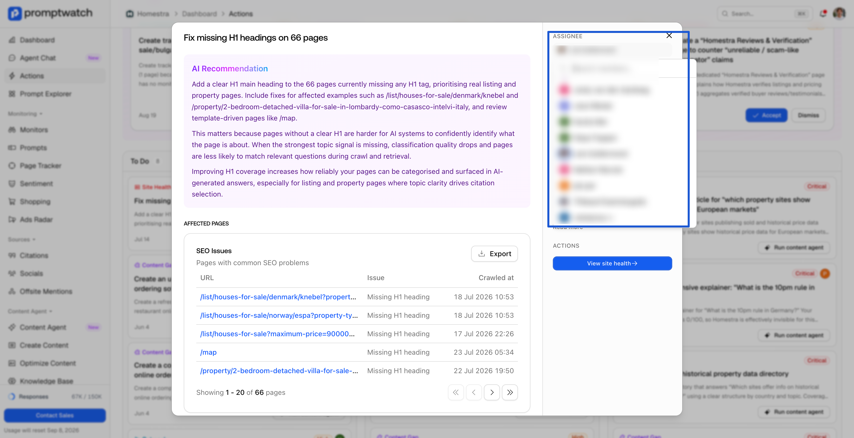 An action detail panel for missing H1s, with the assignee picker highlighted.