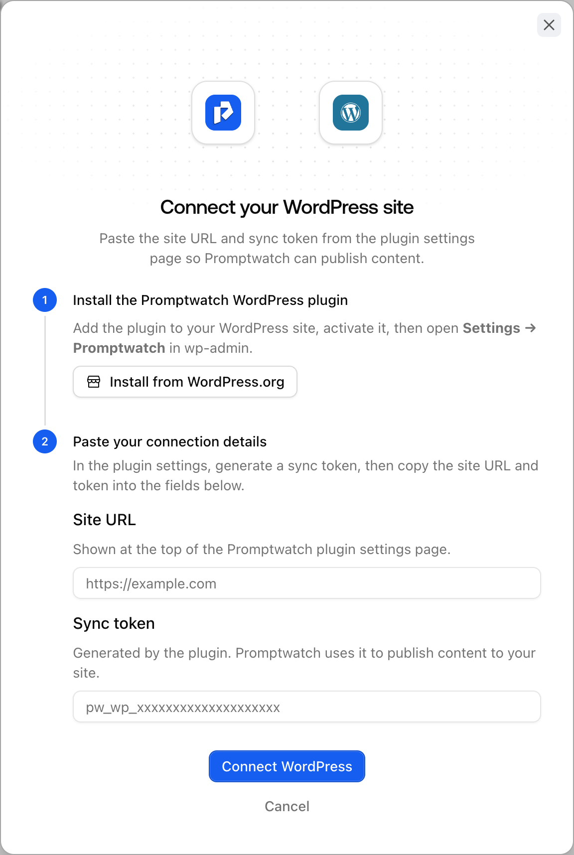 The Promptwatch Connect your WordPress site dialog, with an install step linking to the plugin on WordPress.org and fields for the site URL and sync token.