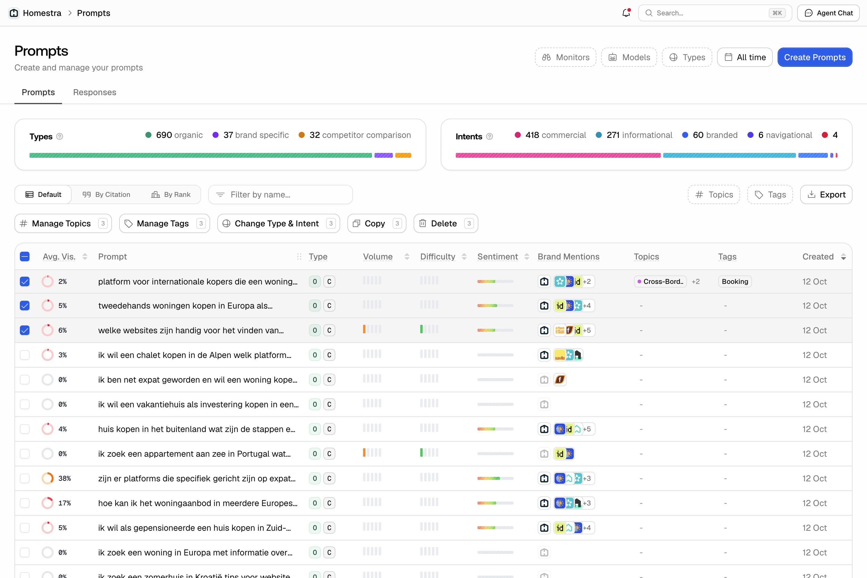 The Promptwatch Prompts table with three rows selected and the Manage Topics, Manage Tags, Change Type & Intent, Copy and Delete bulk actions above it.