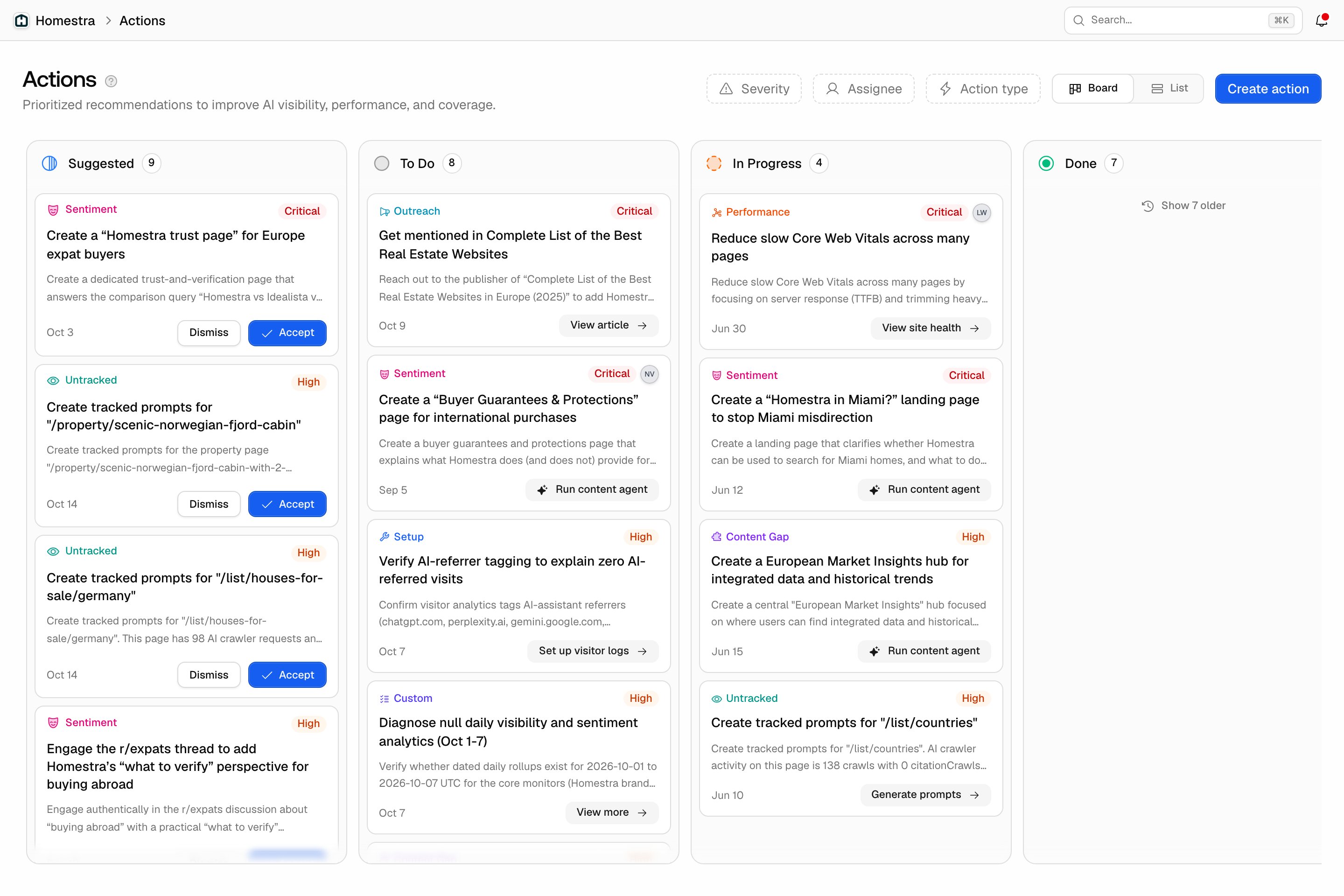 The Promptwatch Actions page showing the board with Suggested, To Do, In Progress, and Done columns, plus the Severity, Assignee, and Action type filters and the Create action button.