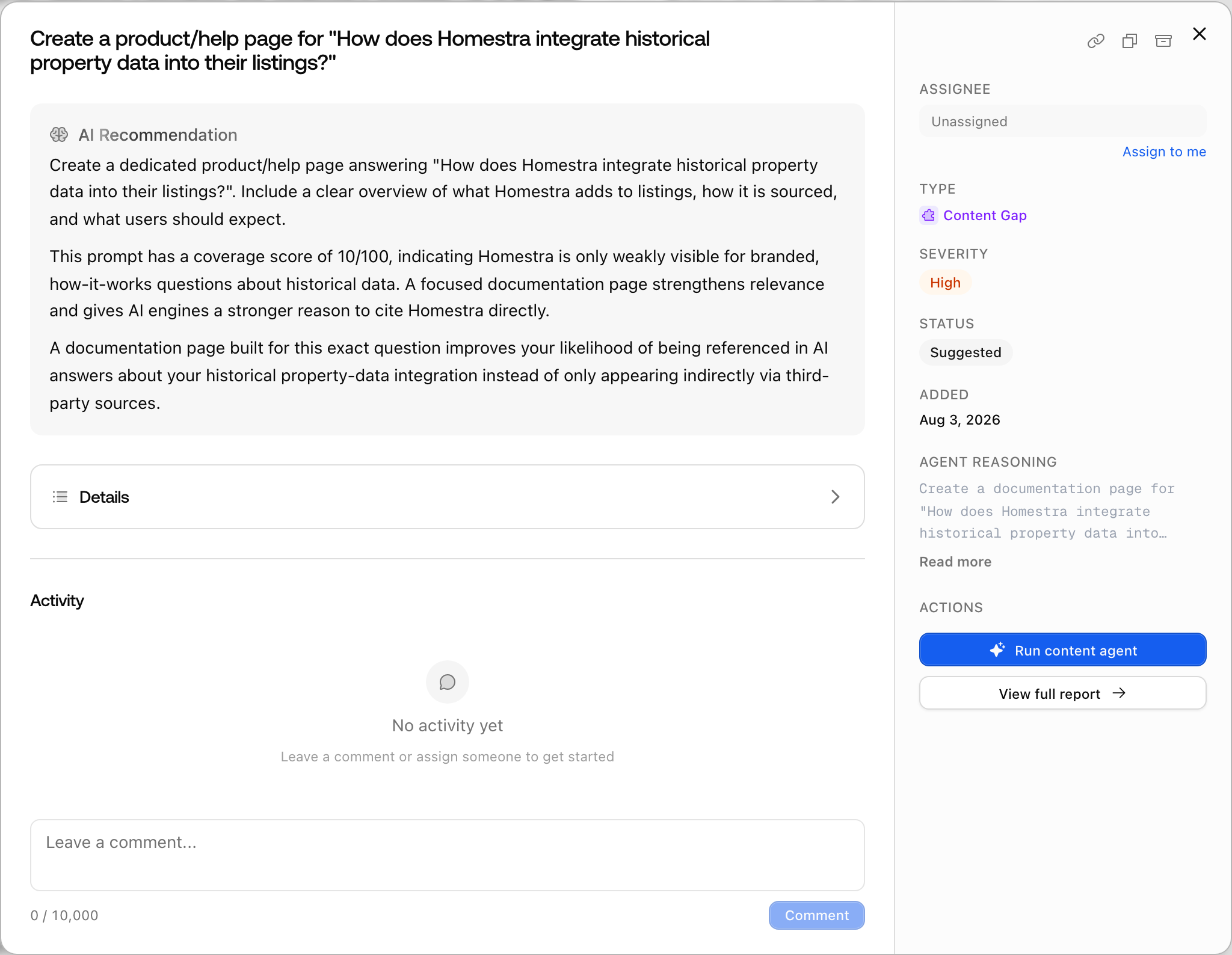 A Promptwatch action detail dialog for a Content Gap action, with the AI Recommendation, Details, and Activity on the left and the Assignee, Severity, Status and Agent Reasoning on the right.