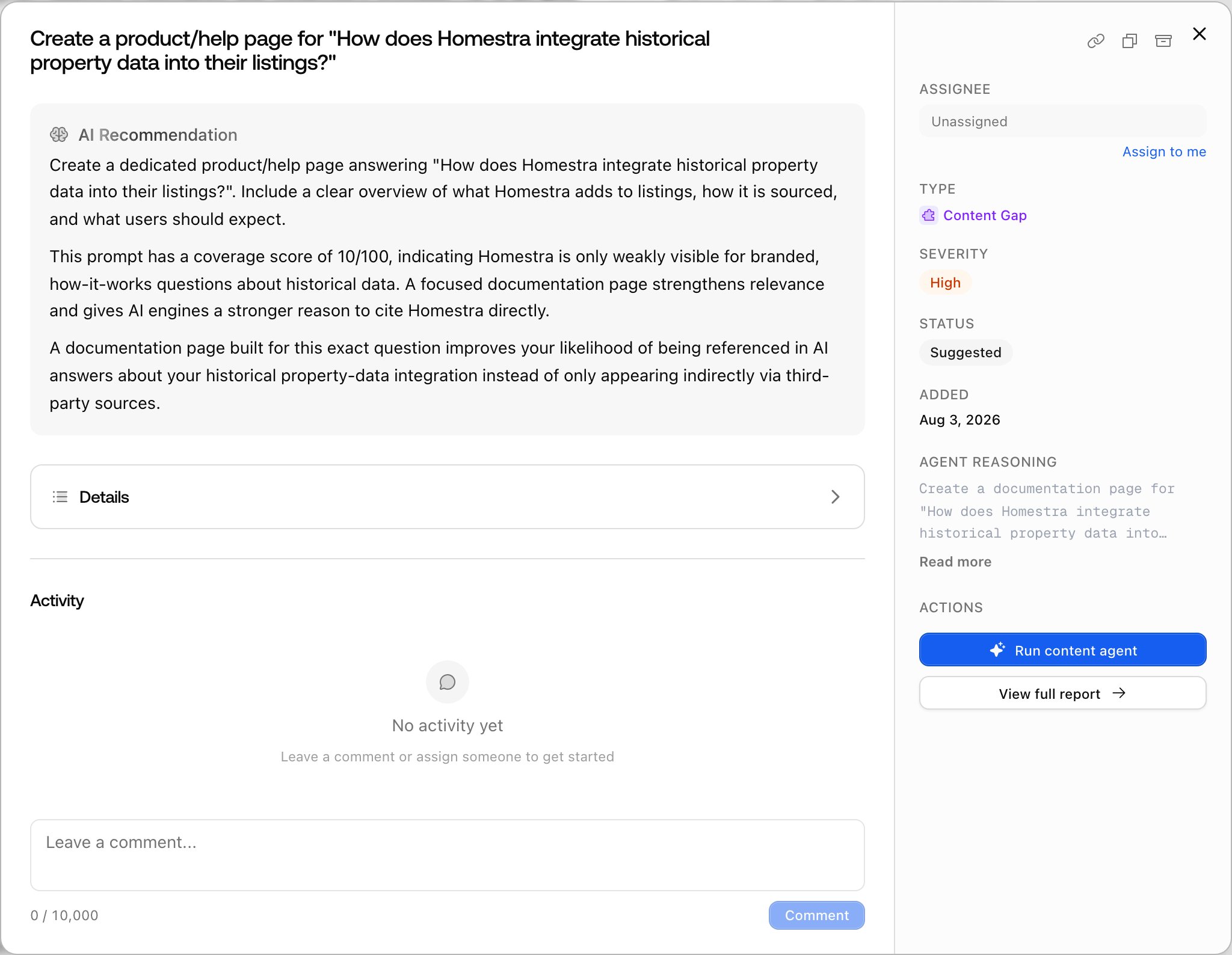 A Promptwatch action detail dialog for a Content Gap action, with the AI Recommendation, Details, and Activity on the left and the Assignee, Severity, Status and Agent Reasoning on the right.