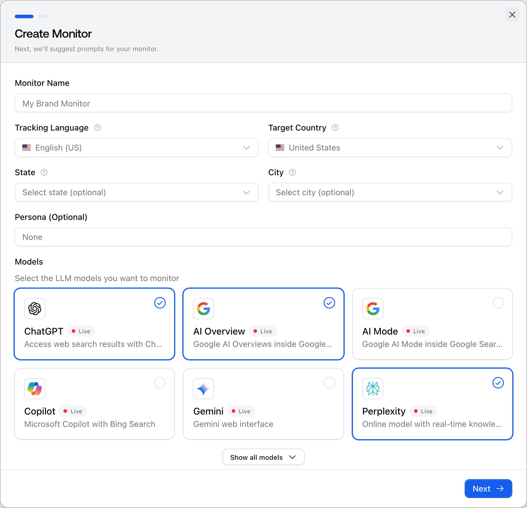 The Promptwatch Create Monitor dialog, step 1 of 2, with monitor name, tracking language, target country, state, city, persona and model fields.