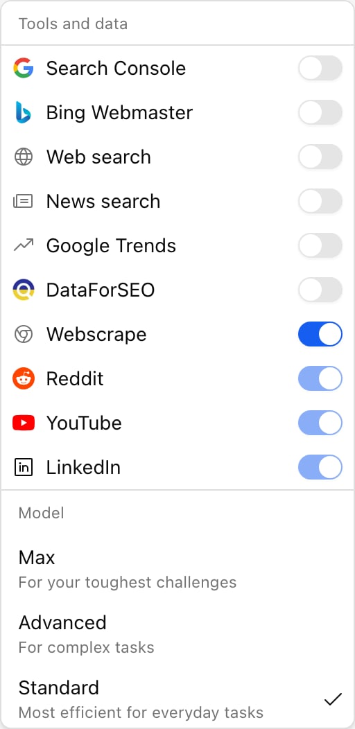 The Promptwatch Agent Chat input-bar menu open on Tools and data, with switches for Search Console, Bing Webmaster, Web search, News search, Google Trends, DataForSEO, Webscrape, Reddit, YouTube and LinkedIn, above the Model options Max, Advanced and Standard.