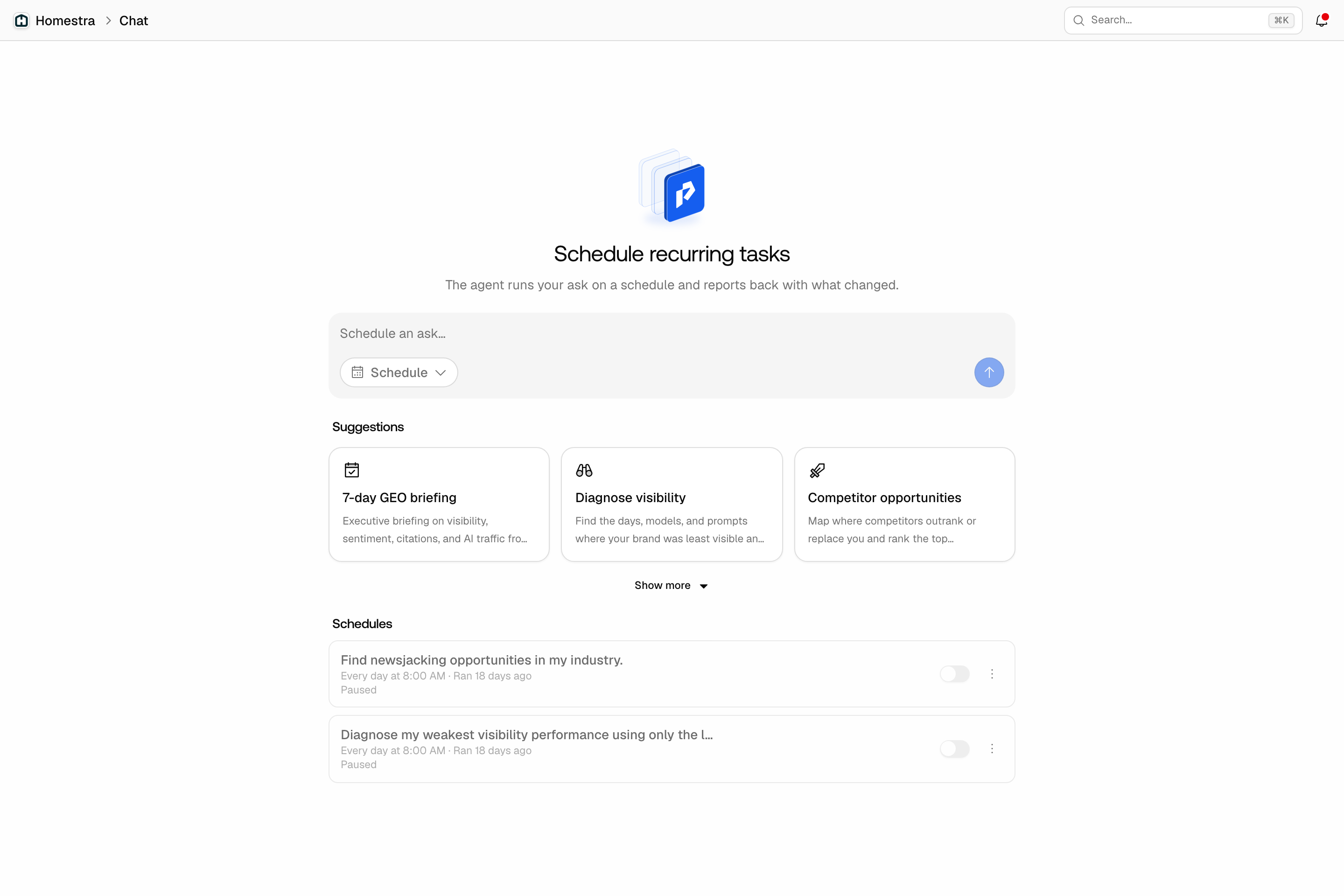 The Promptwatch Agent Chat Scheduled view: the Schedule recurring tasks composer with its Schedule menu, suggestion cards, and a list of two paused daily schedules.
