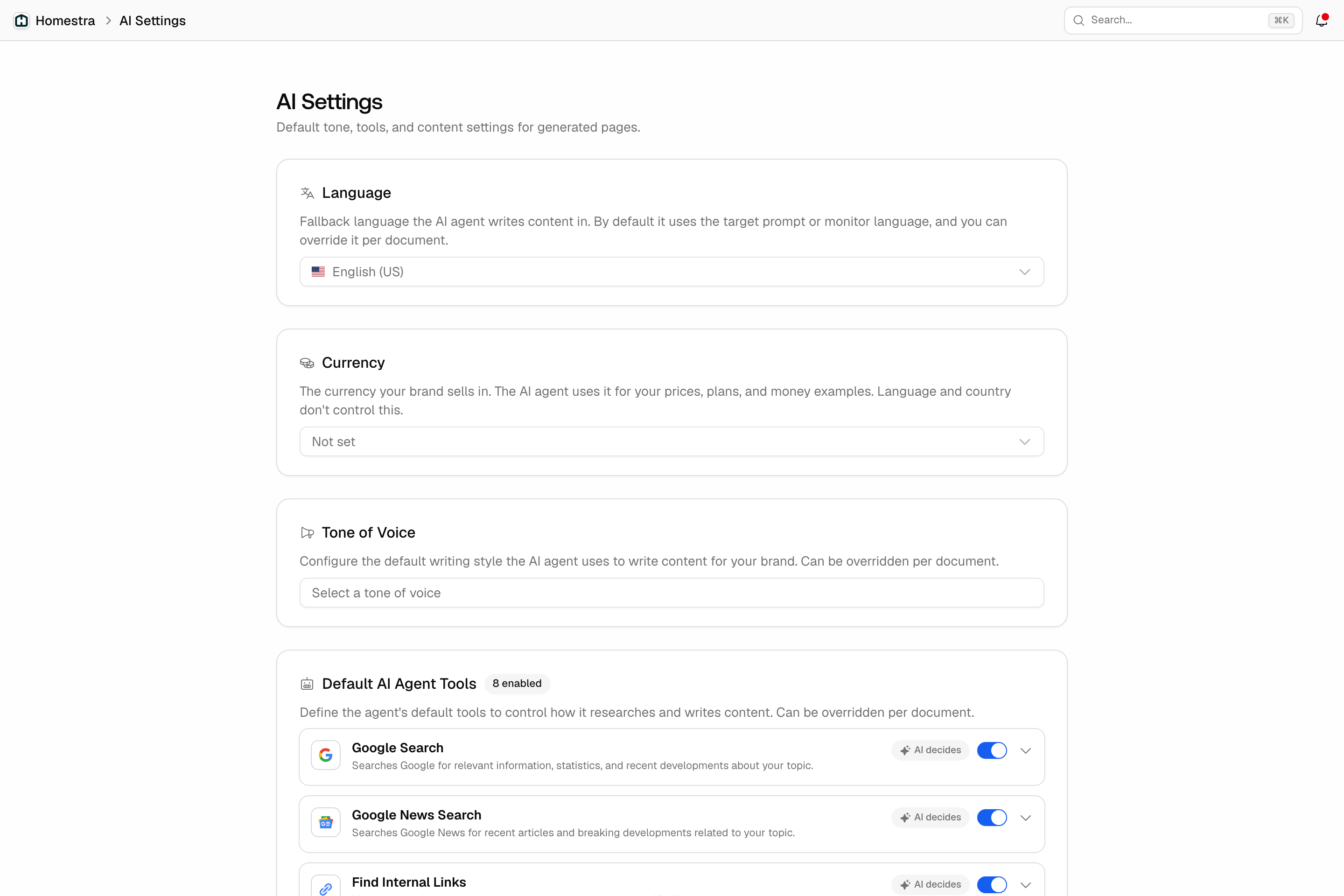 The Promptwatch AI Settings page under Brand, showing the Language, Currency and Tone of Voice cards above Default AI Agent Tools.