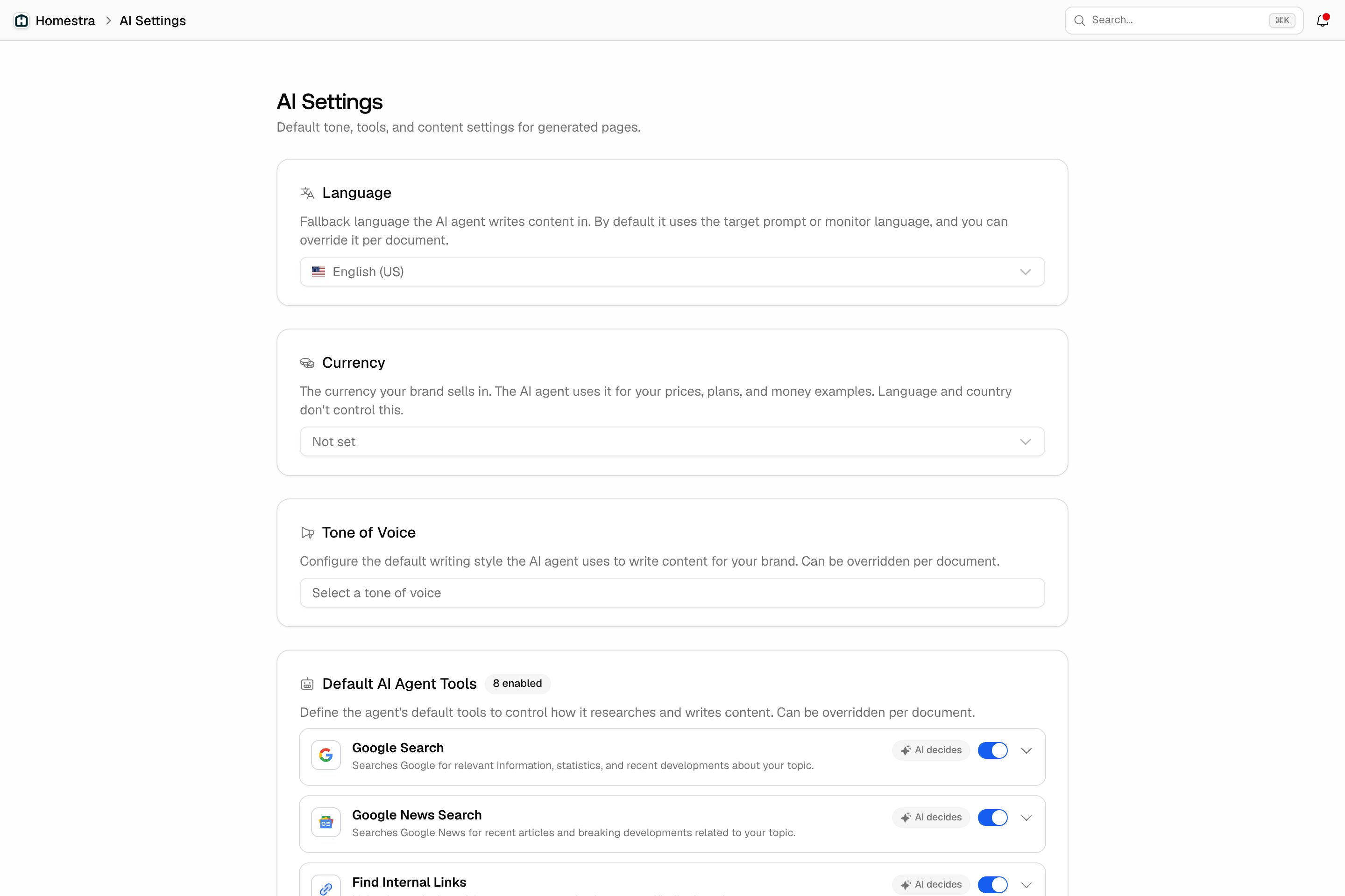 The Promptwatch AI Settings page under Brand, showing the Language, Currency and Tone of Voice cards above Default AI Agent Tools.
