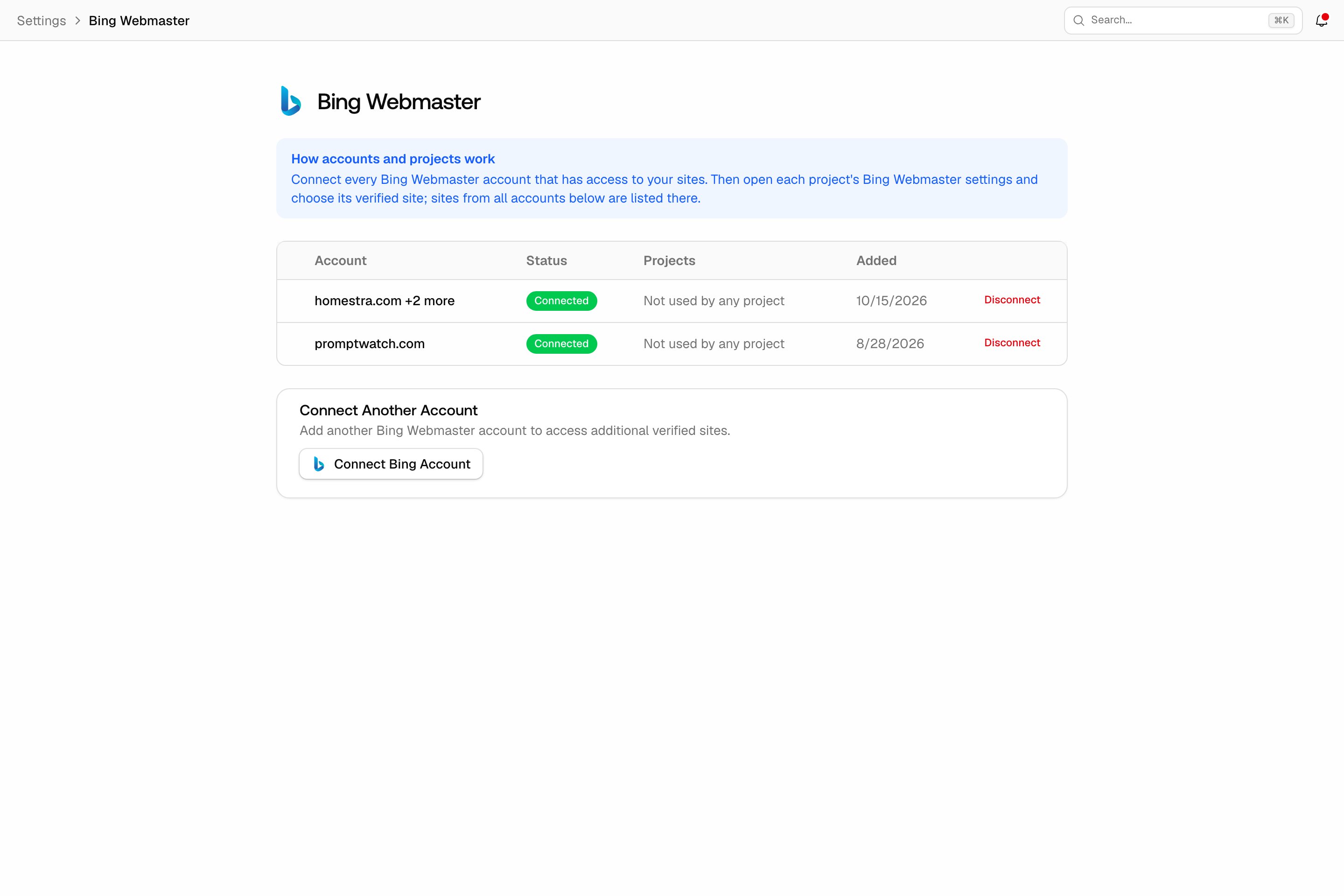The Promptwatch organization Settings Bing Webmaster page, with two connected accounts and a Connect Another Account card.