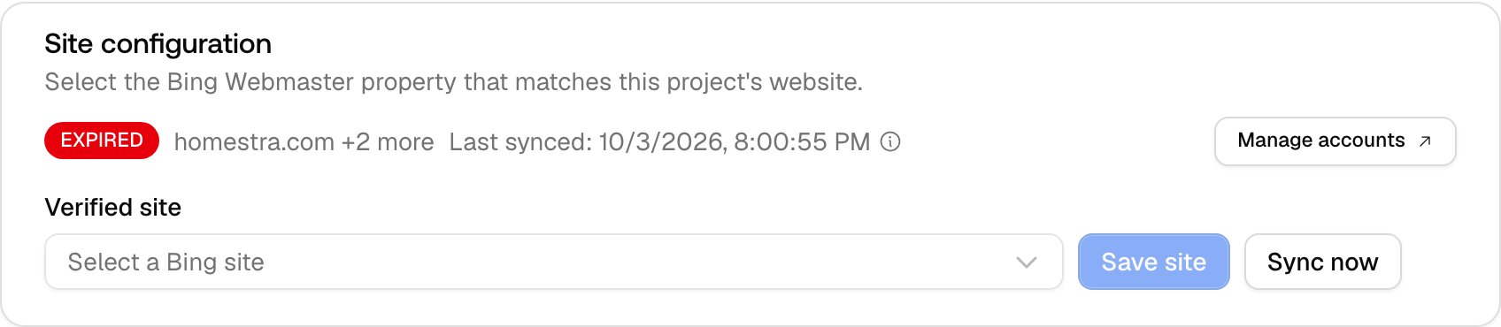 The Promptwatch project Bing Webmaster Site configuration, with https://homestra.com/ attached as an exact host match.