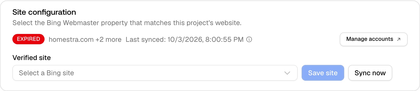 The Promptwatch project Bing Webmaster Site configuration, with https://homestra.com/ attached as an exact host match.