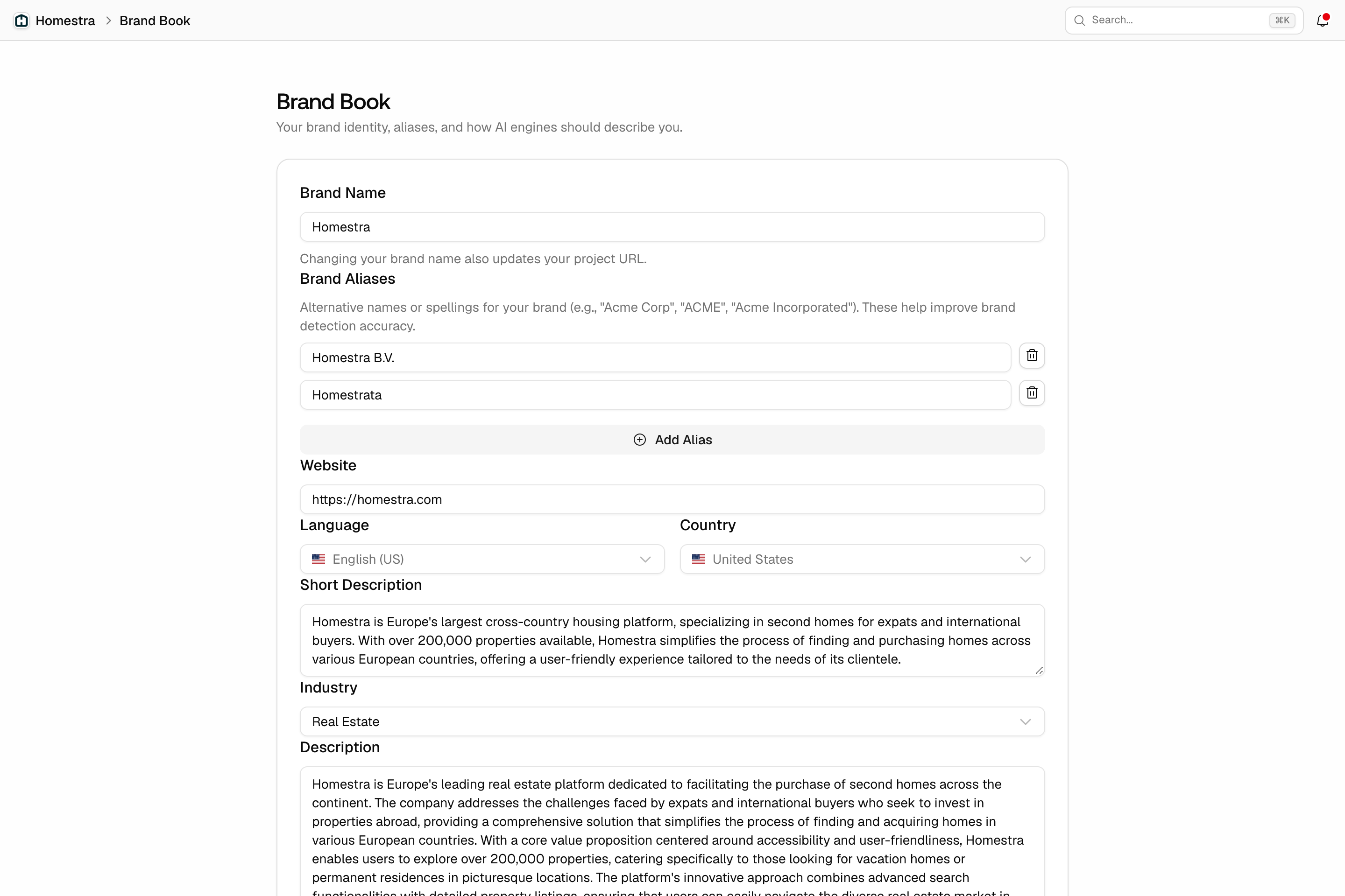 The Promptwatch Brand Book form showing the brand name Homestra and its Brand Aliases fields.