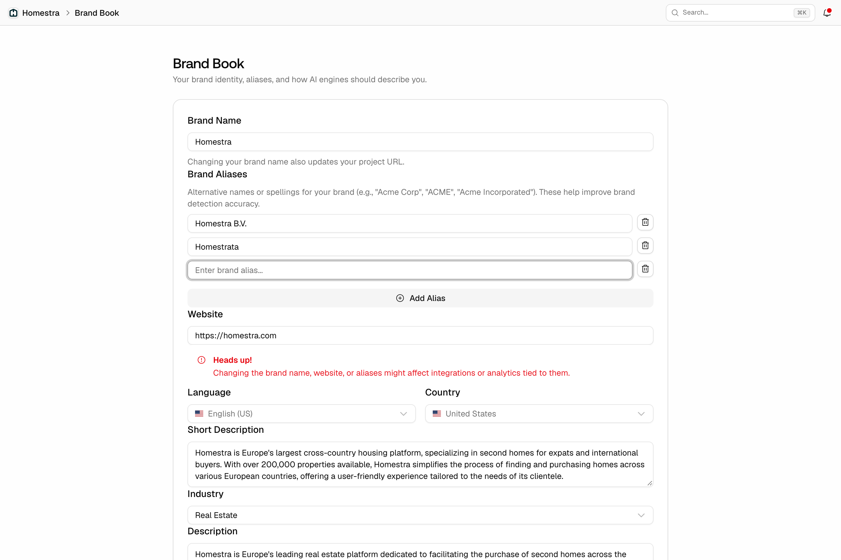 The Promptwatch Brand Book Heads up warning that appears after editing the brand name, website, or aliases.