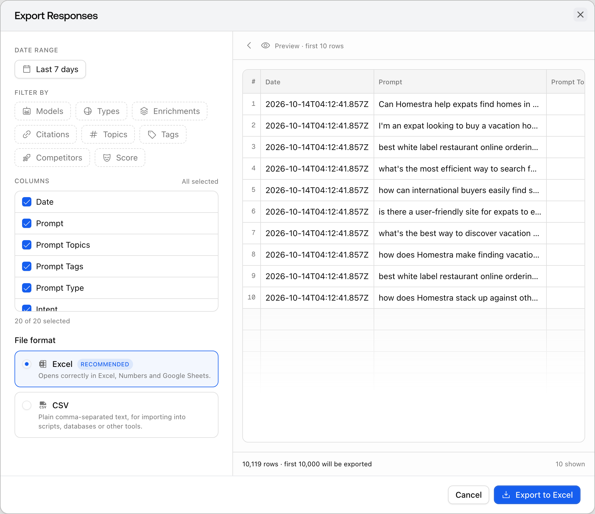 The Promptwatch Export Responses dialog: date range and filter buttons, a Columns picker and an Excel or CSV file format choice on the left, a live preview of the first 10 rows on the right, and the Export to Excel button.