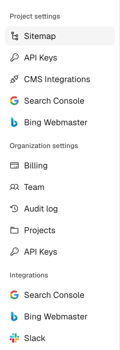 The Promptwatch Settings navigation with Sitemap selected under Project settings.