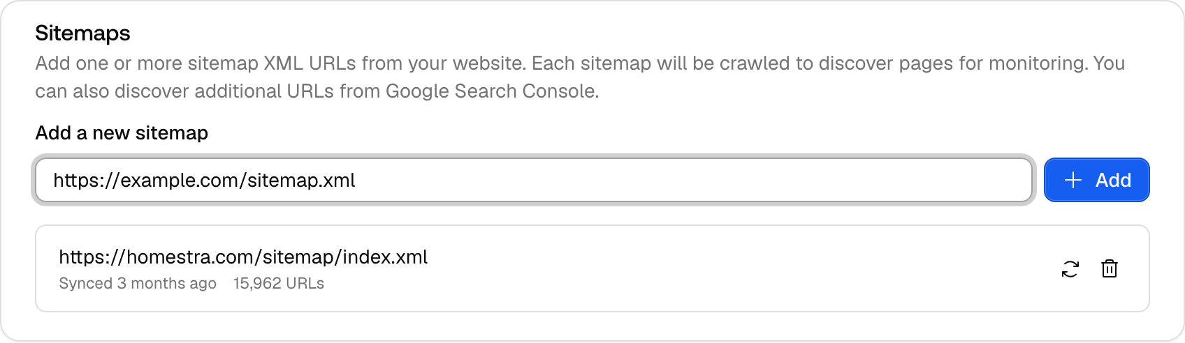 The Sitemaps card in Promptwatch project settings with the Add a new sitemap field and Add button.