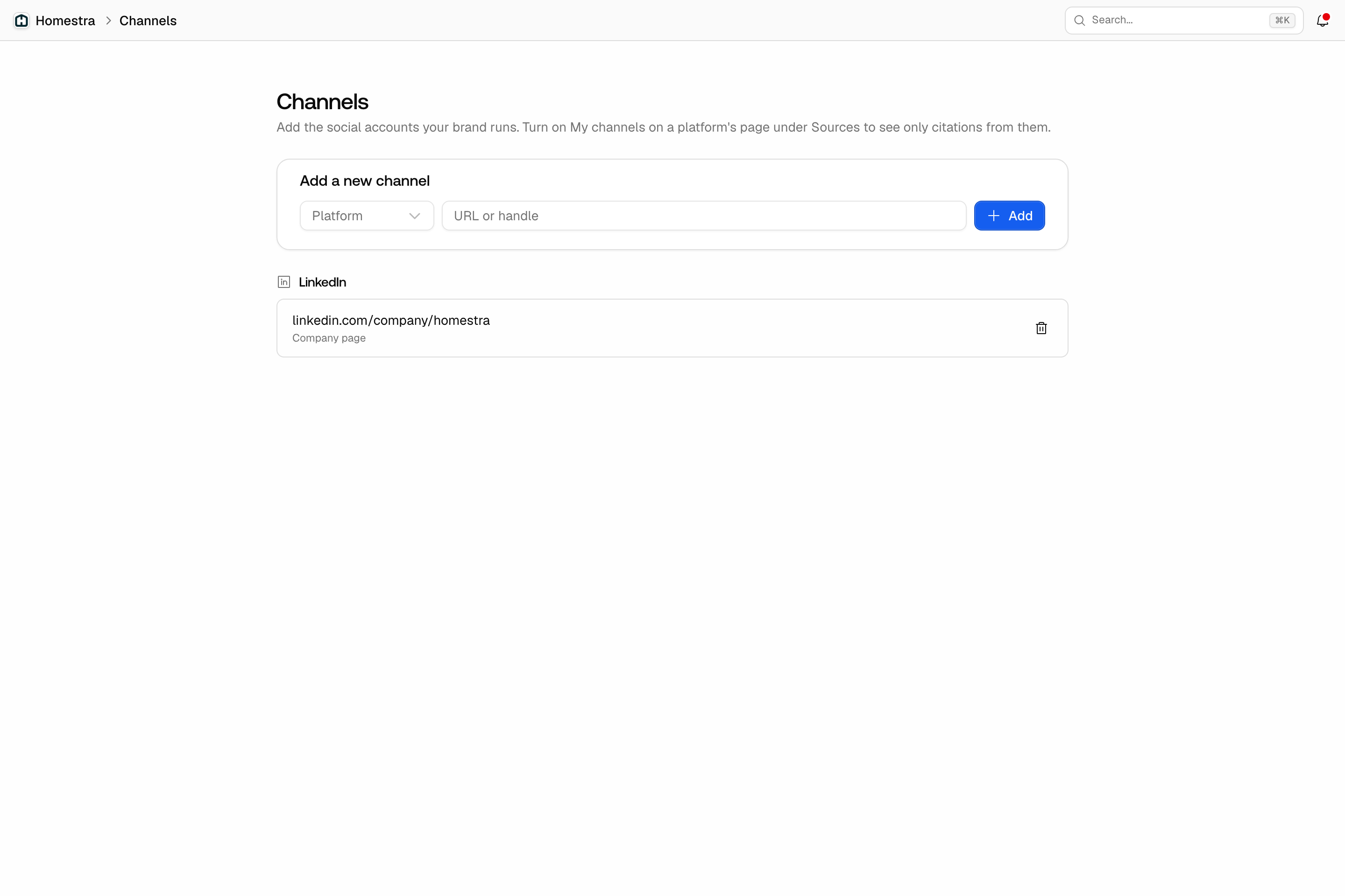 The Promptwatch Channels page for Homestra, with saved Reddit subreddits and users, YouTube channels, and a LinkedIn company page.