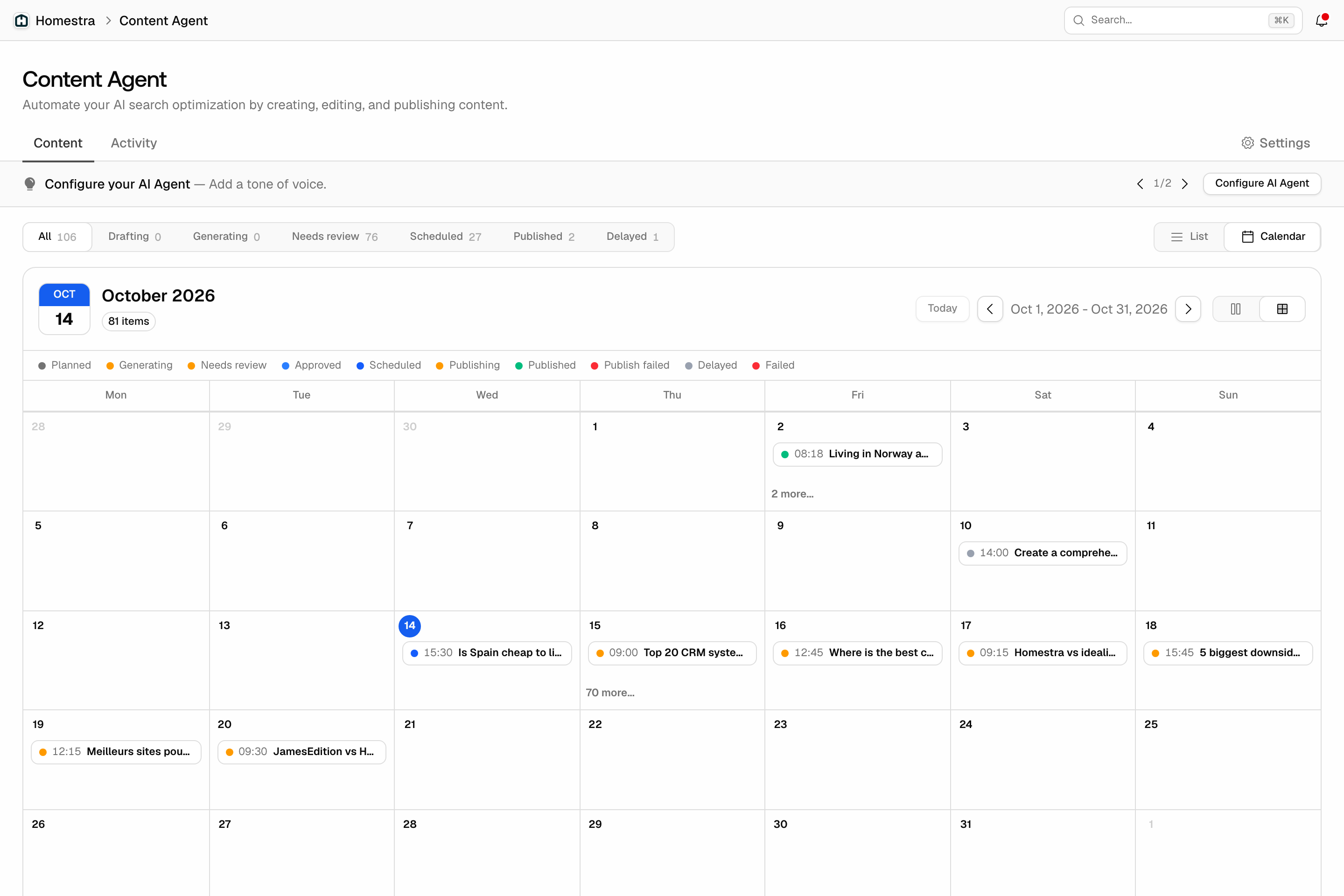 The Promptwatch Content Agent Content tab in calendar view, with status filter counts and the status color legend.