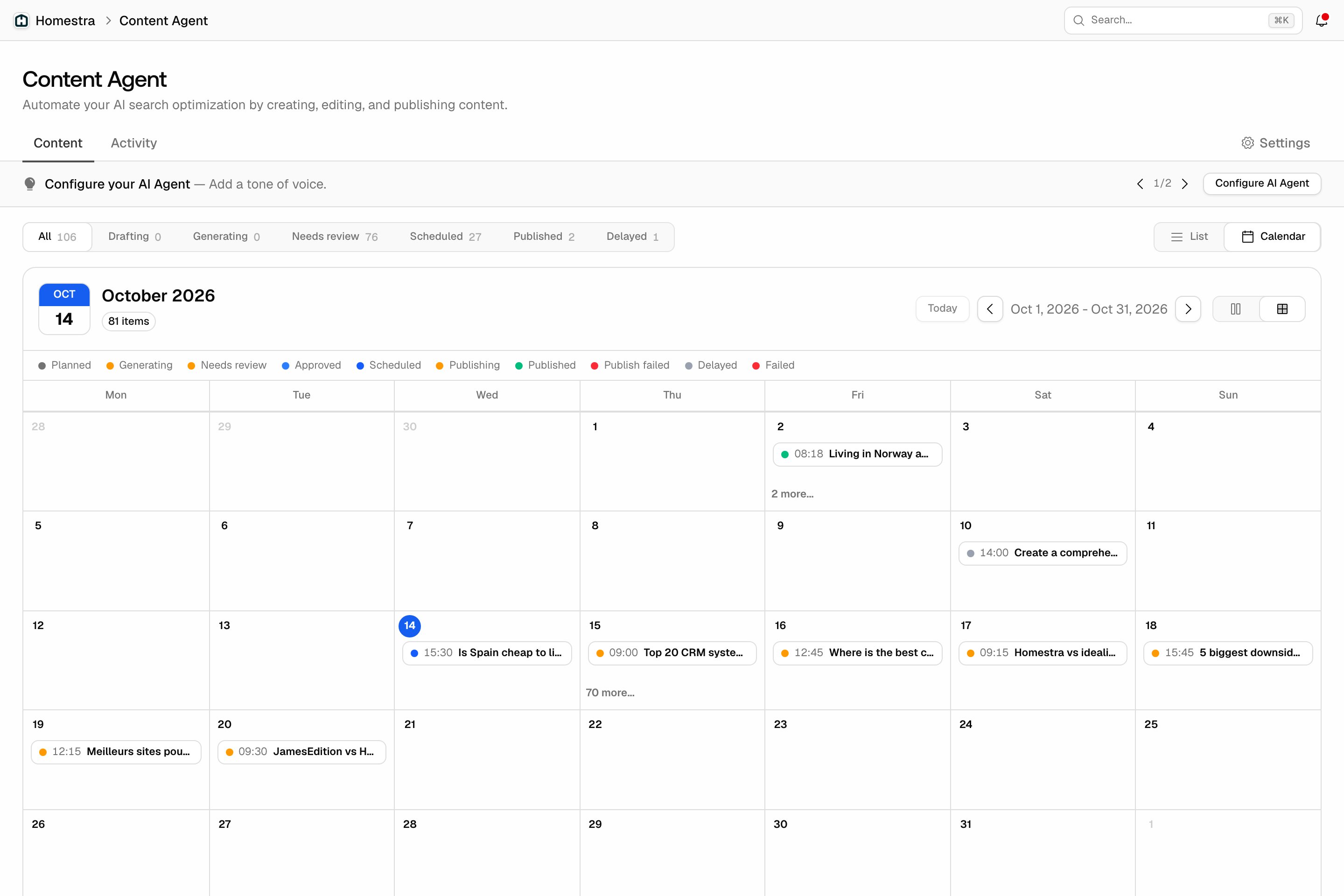 The Promptwatch Content Agent calendar view for a month, with a status colour legend above the grid and scheduled and needs-review pieces shown as coloured dots.