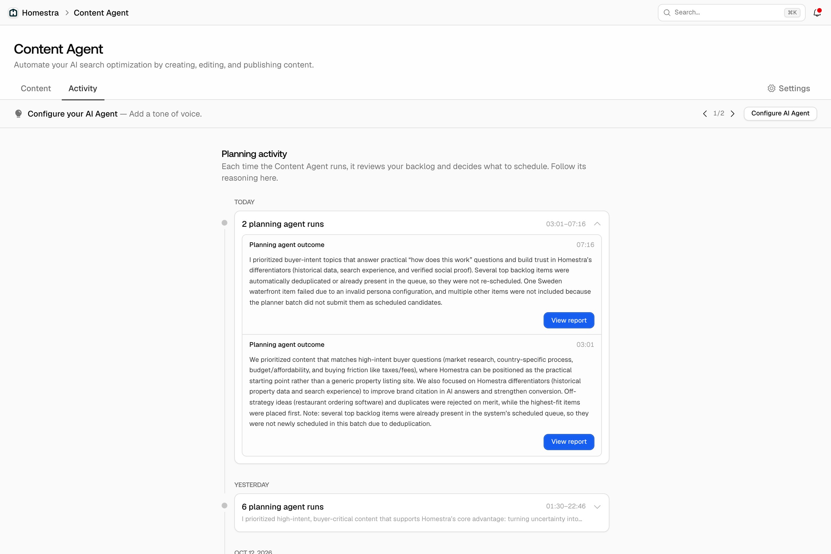 The Promptwatch Content Agent Activity tab showing the planning timeline with run groups and rationale.