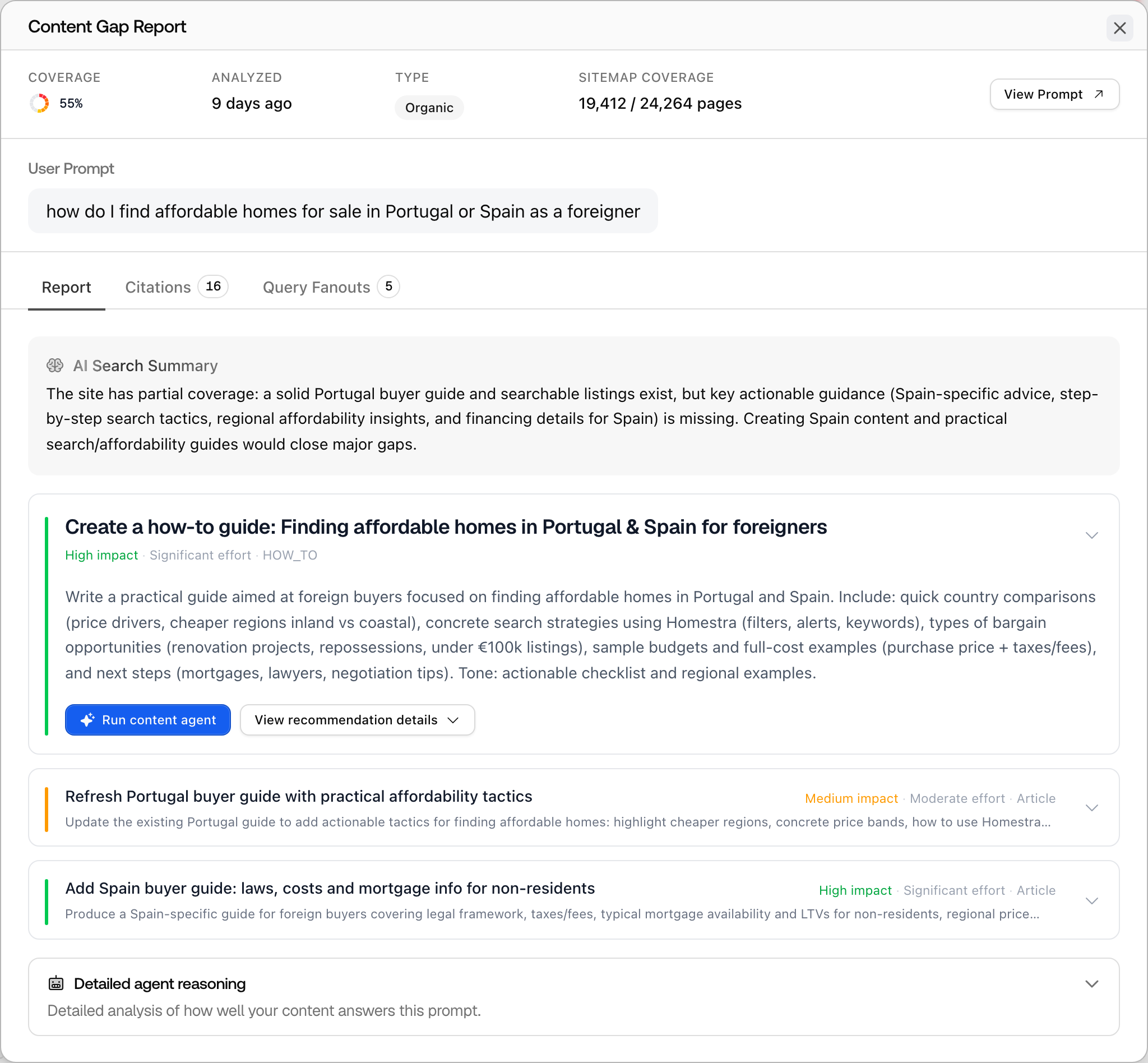 A Promptwatch Content Gap report sheet open on the Report tab, showing coverage, an AI summary, and Create and Refresh recommendations.