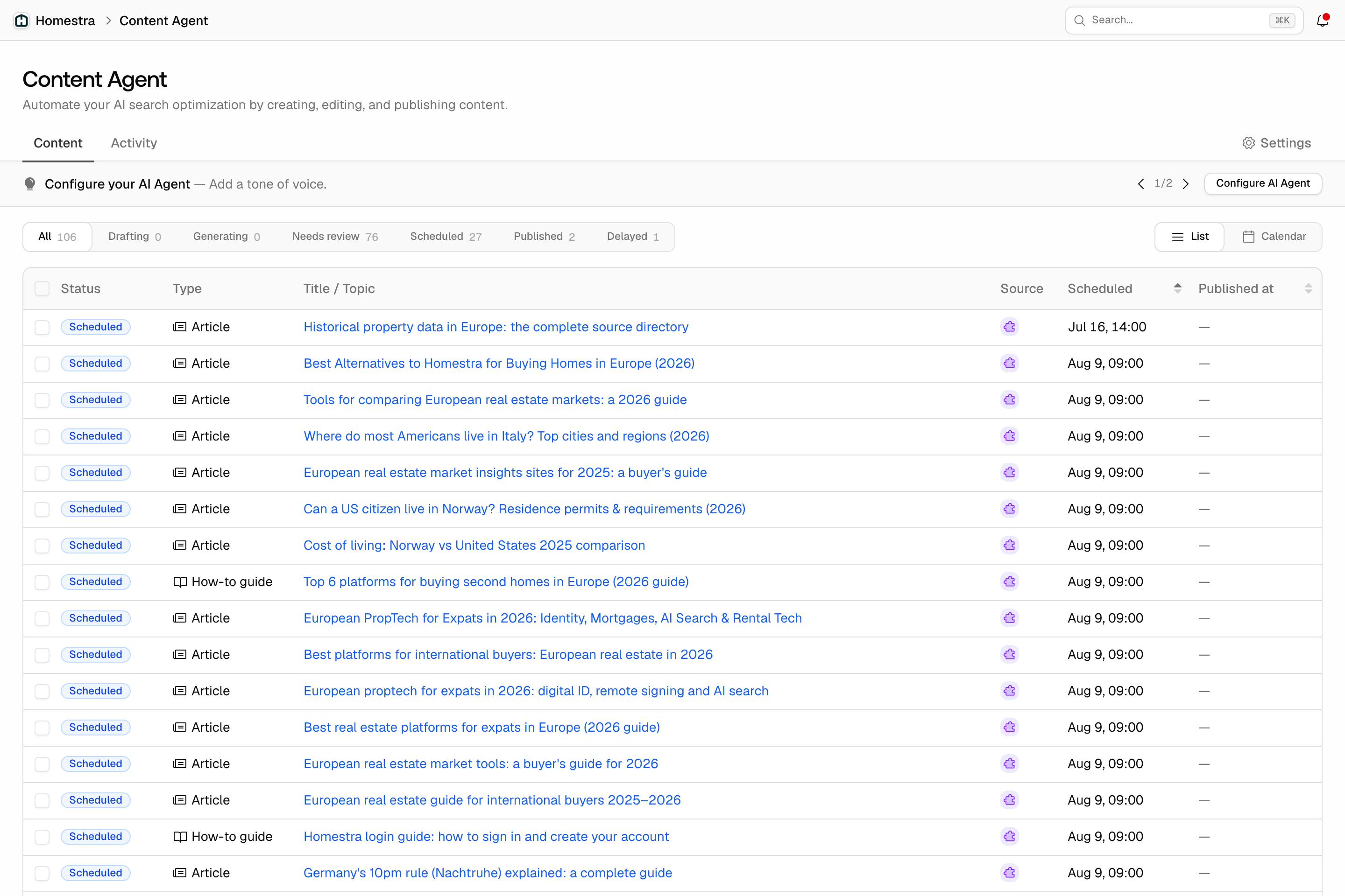 The Promptwatch Content Agent page on the Content tab in List view, with the status filter tabs (All, Drafting, Generating, Needs review, Scheduled, Published) and their counts above a table of Status, Type, Title / Topic, Source, Scheduled and Published at.