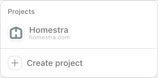 The Promptwatch project switcher open from the header, listing your projects with a Create project item at the bottom.
