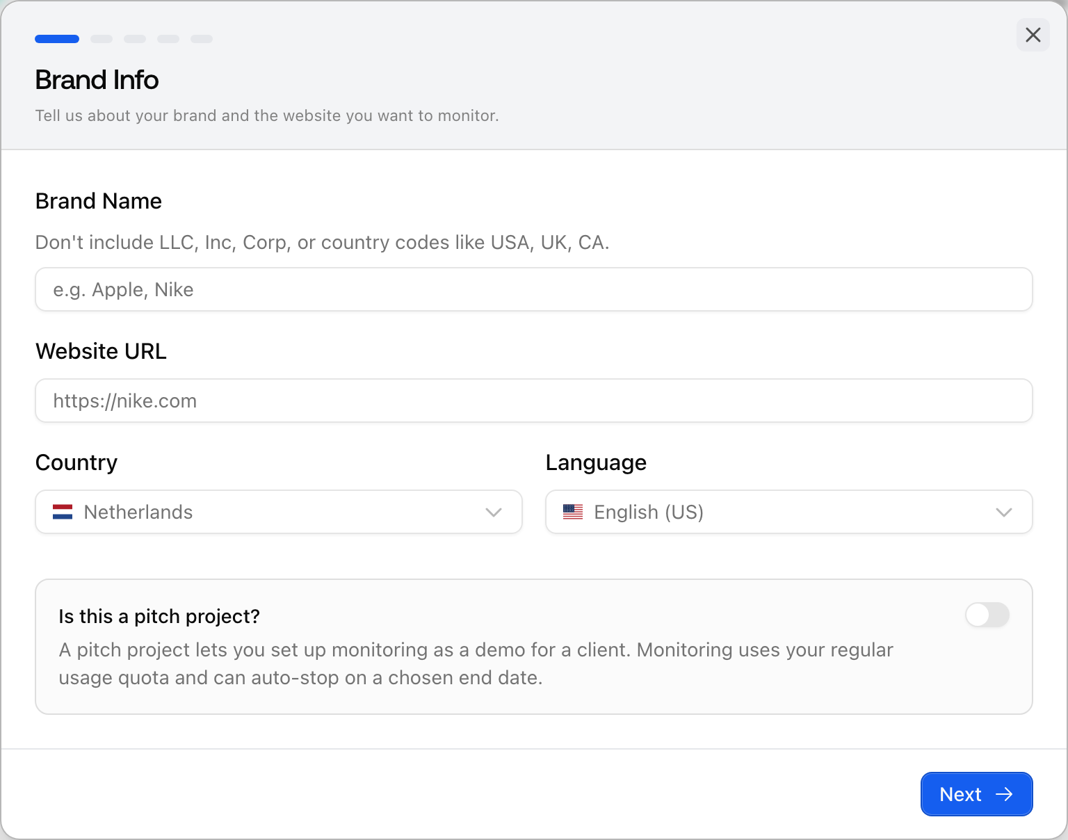 Step 1 of the Promptwatch create-project wizard, Brand Info, with Brand Name, Website URL, Country and Language fields.