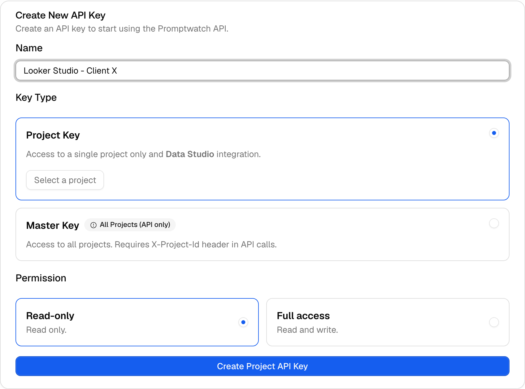 The Create New API Key form in Promptwatch settings with the Project Key type selected, showing access to a single project and Data Studio integration with read-only permission.
