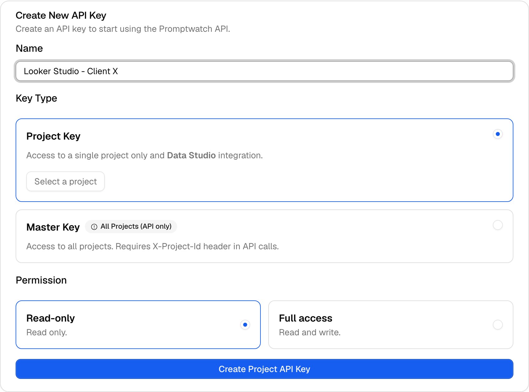 The Create New API Key form in Promptwatch settings with the Project Key type selected, showing access to a single project and Data Studio integration with read-only permission.