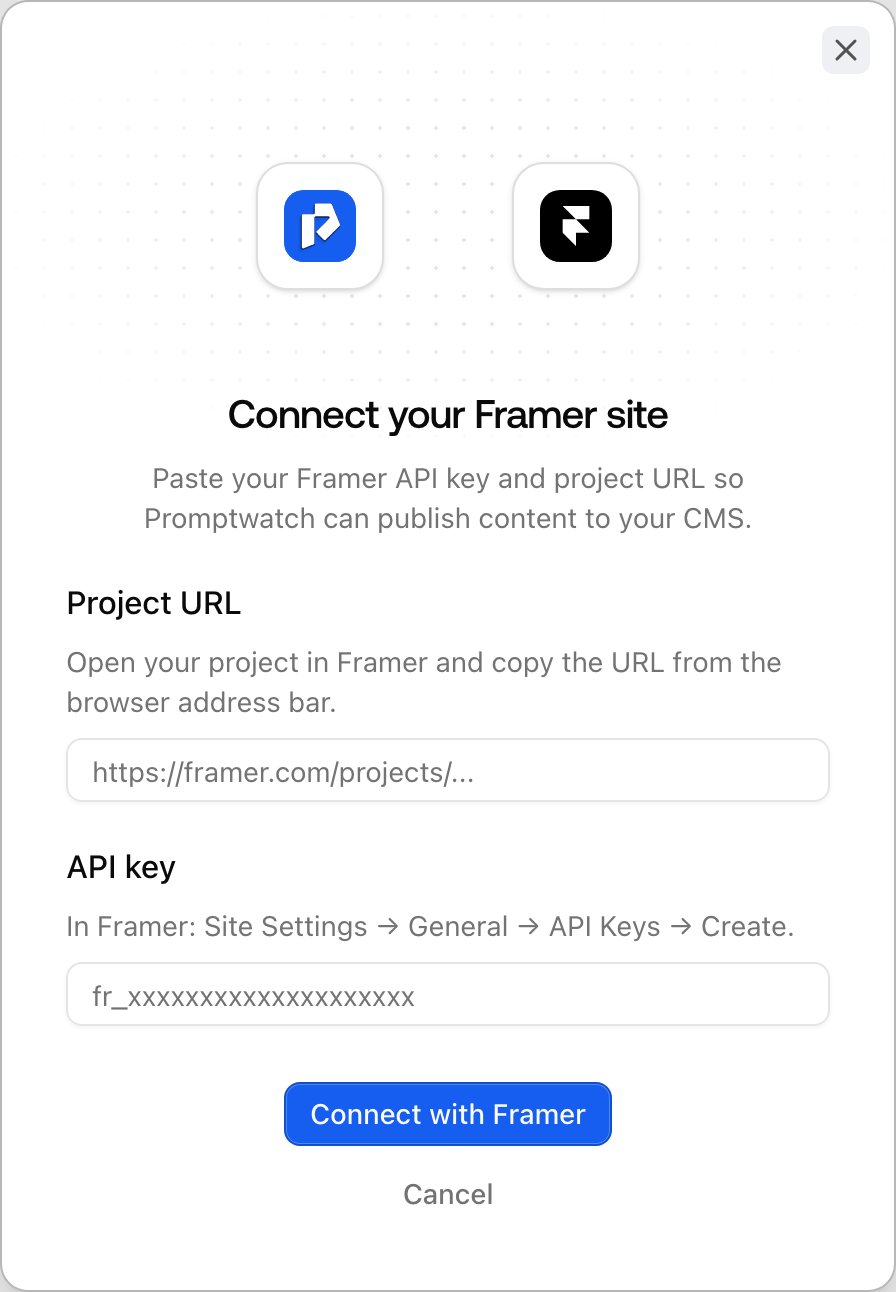 The Promptwatch Connect your Framer site dialog with the Project URL and API key fields.