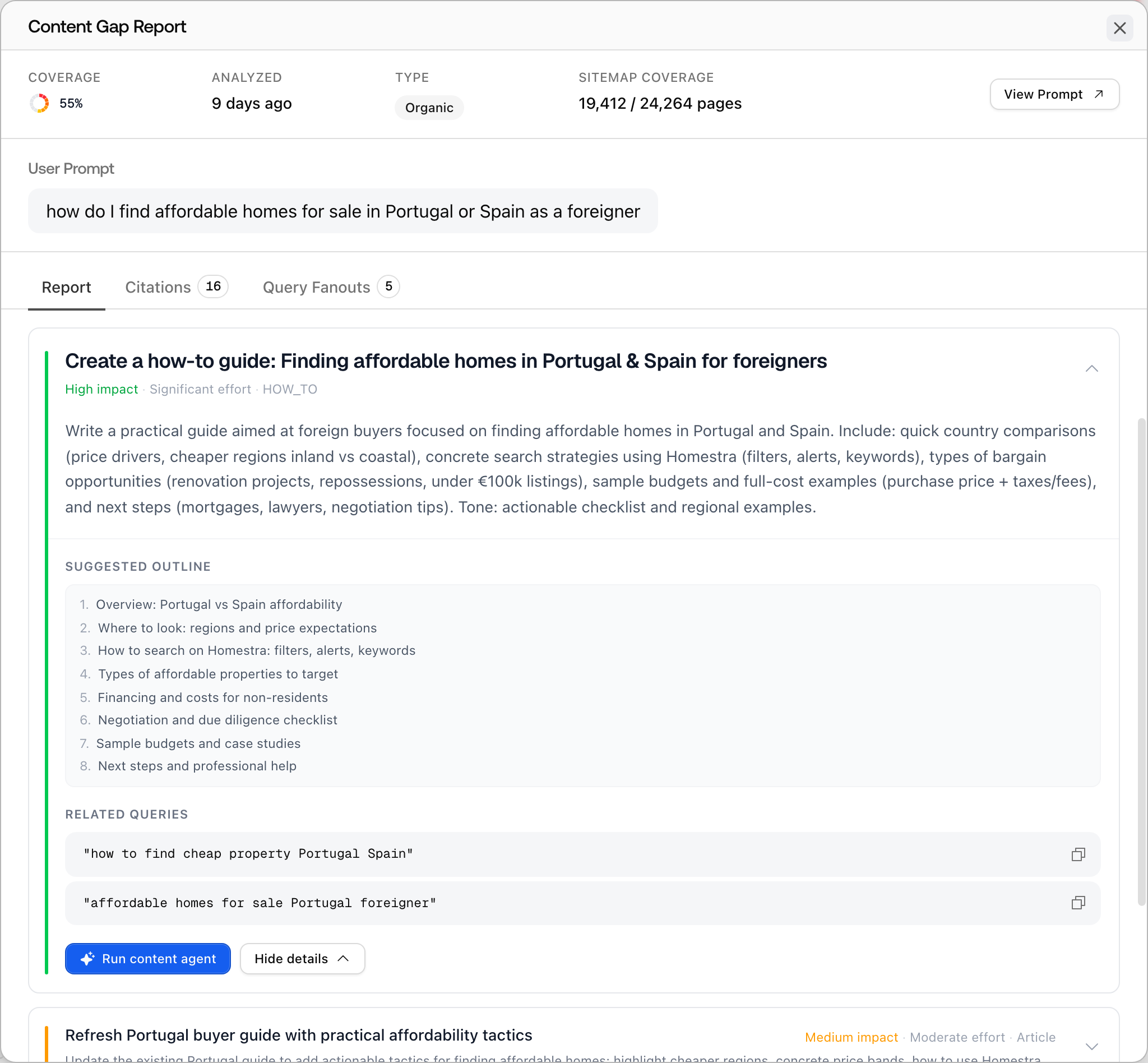 An expanded Promptwatch content gap recommendation showing the suggested outline and the Run content agent button.