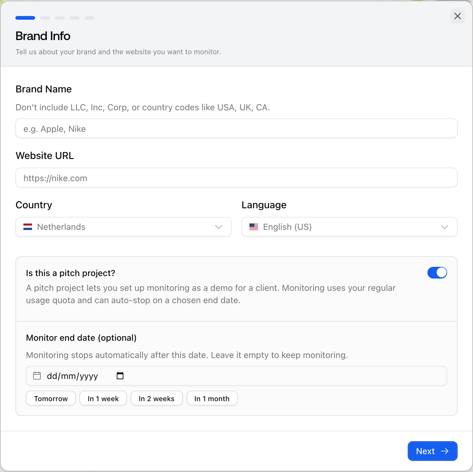 The Promptwatch create project dialog with the Is this a pitch project option.