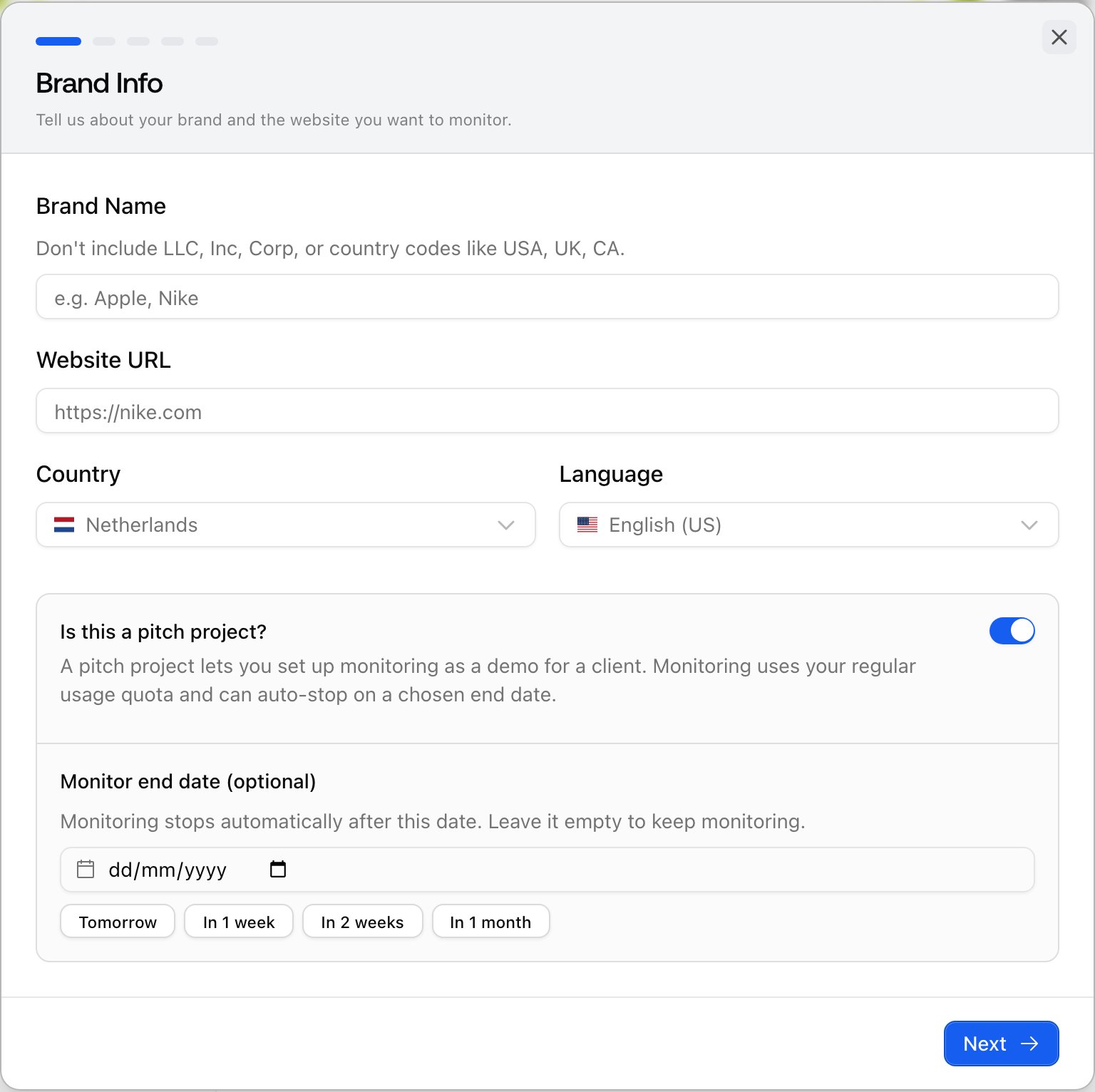 The Promptwatch create project dialog with the Is this a pitch project option.