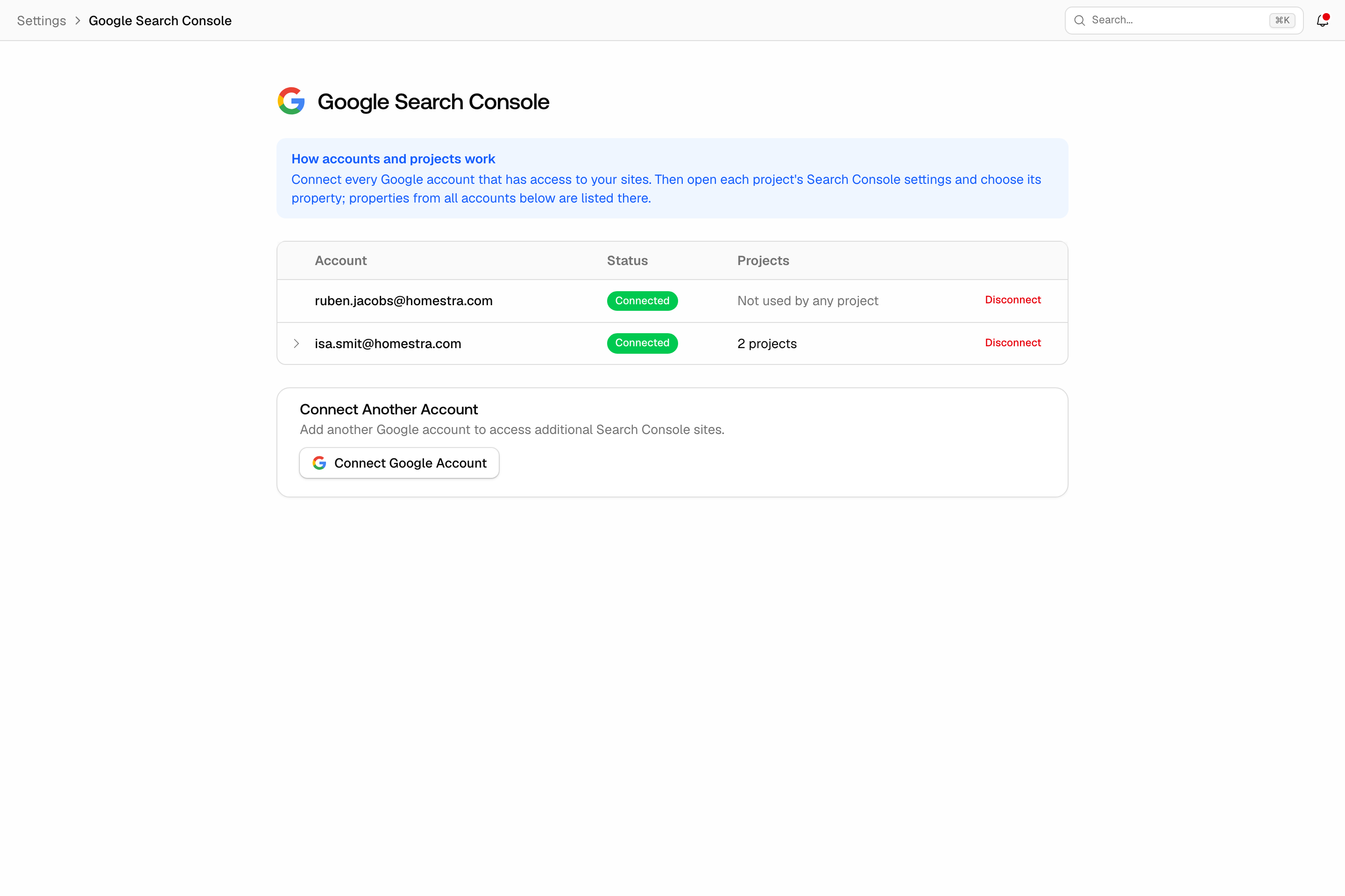 The Promptwatch organization Settings Search Console page, with connected Google accounts and a Connect Google Account button.