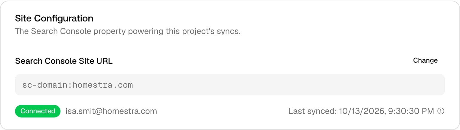 The Promptwatch project Search Console page with the Site Configuration card for choosing a Google Search Console property.
