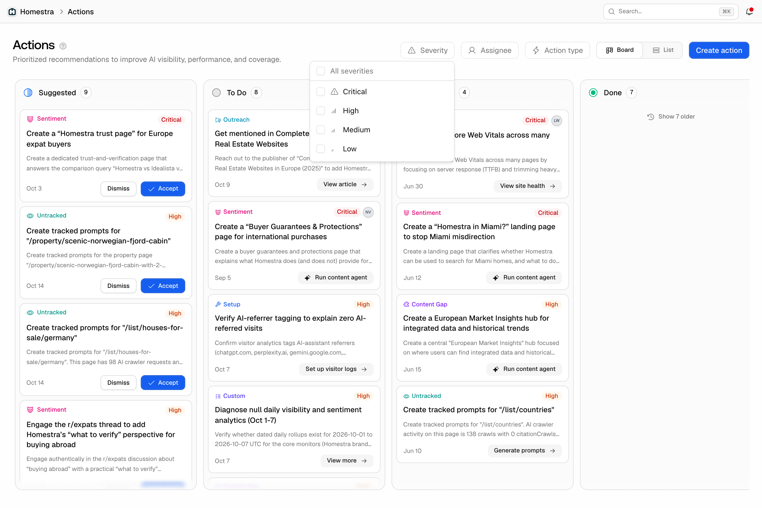 The Promptwatch Actions page filters with the Severity dropdown open, listing All severities, Critical, High, Medium, and Low.