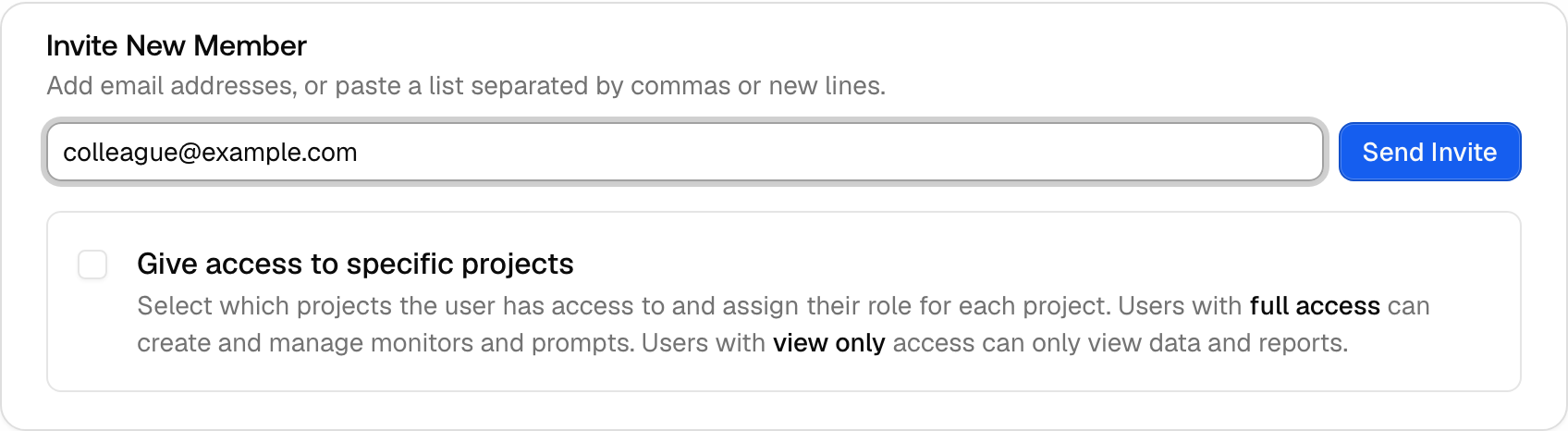 The Invite New Member card in Promptwatch Settings, Team, with an email address entered and the Give access to specific projects option below it.